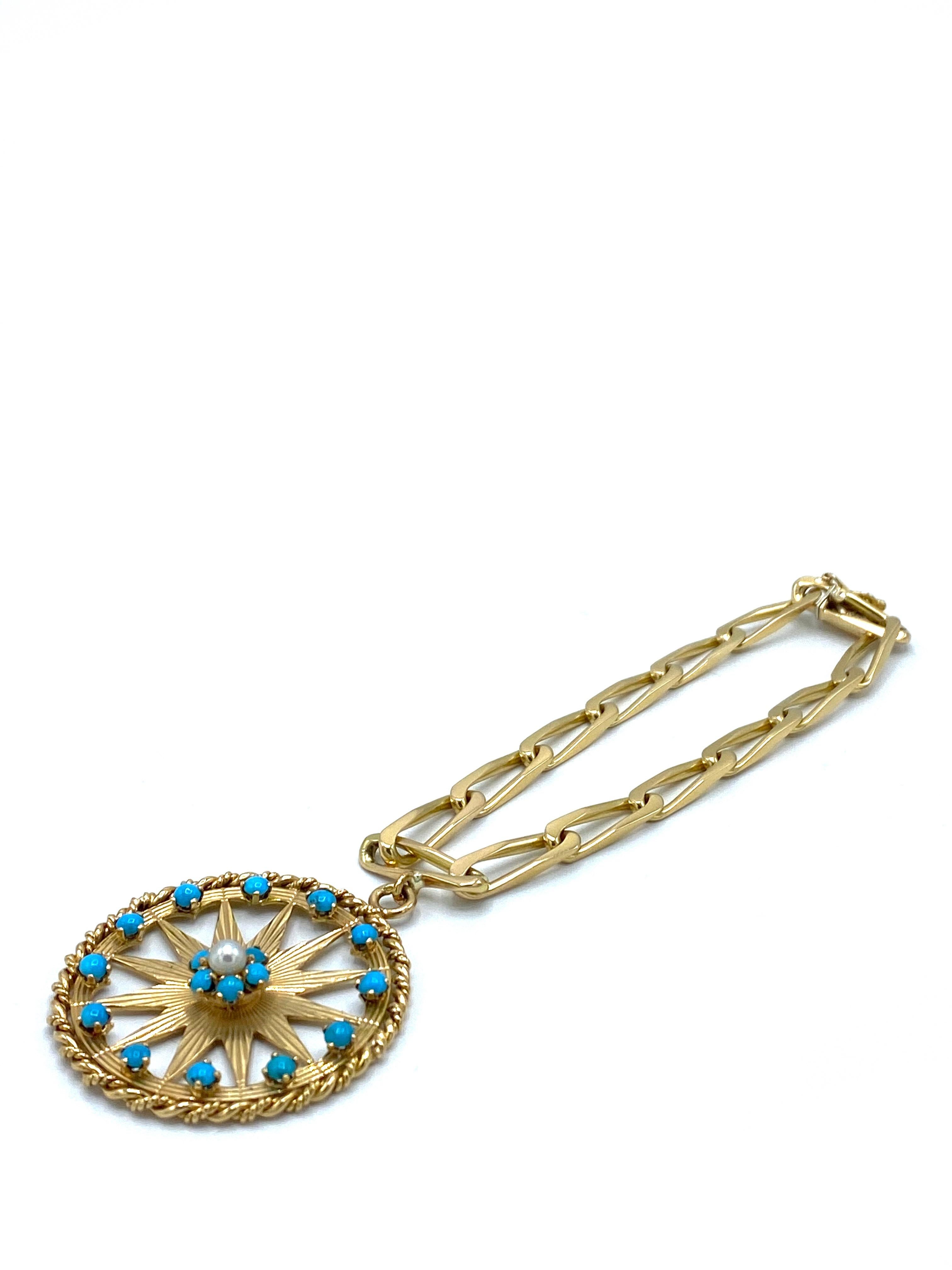 Product details:

1970s 18K yellow gold paper clip chain with box in clasp and safety, stamped with French eagle head mark.
1960s 18K yellow gold, turquoise and pearl, featuring pinwheel motif pendant, the bail is stamped with French eagle head