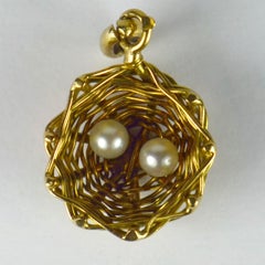 French Yellow Gold White Pearl Eggs in Bird Nest Charm Pendant