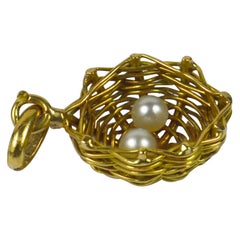 French Yellow Gold White Pearl Eggs in Bird Nest Charm Pendant