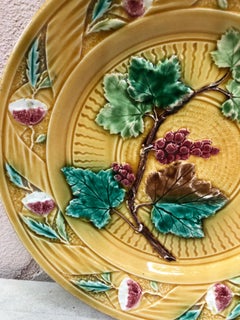 French Yellow Majolica Grape & Flowers Plate Luneville, circa 1880