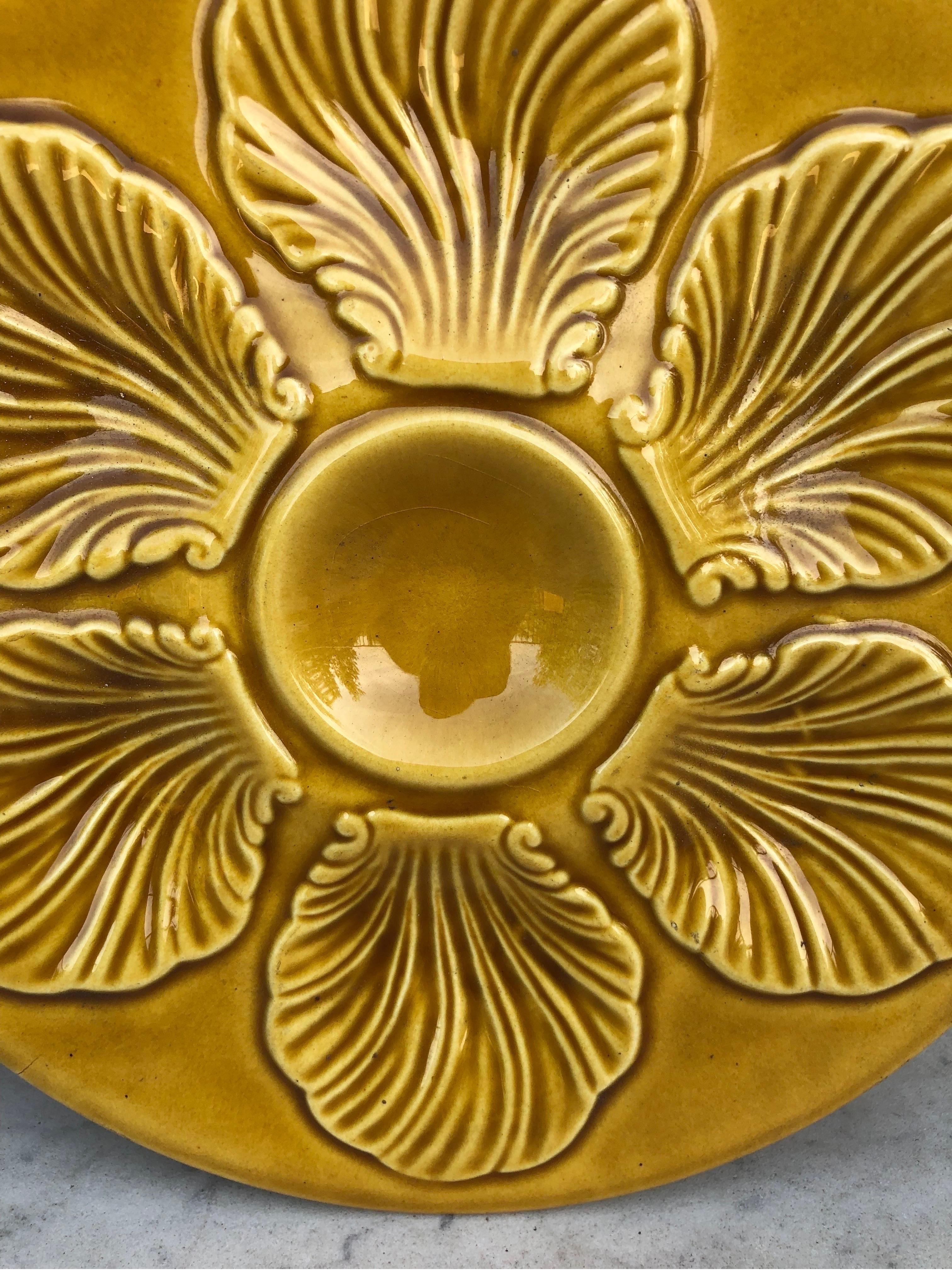 Mid-Century Modern French Yellow Majolica Oyster Plate Proceram, circa 1950 For Sale