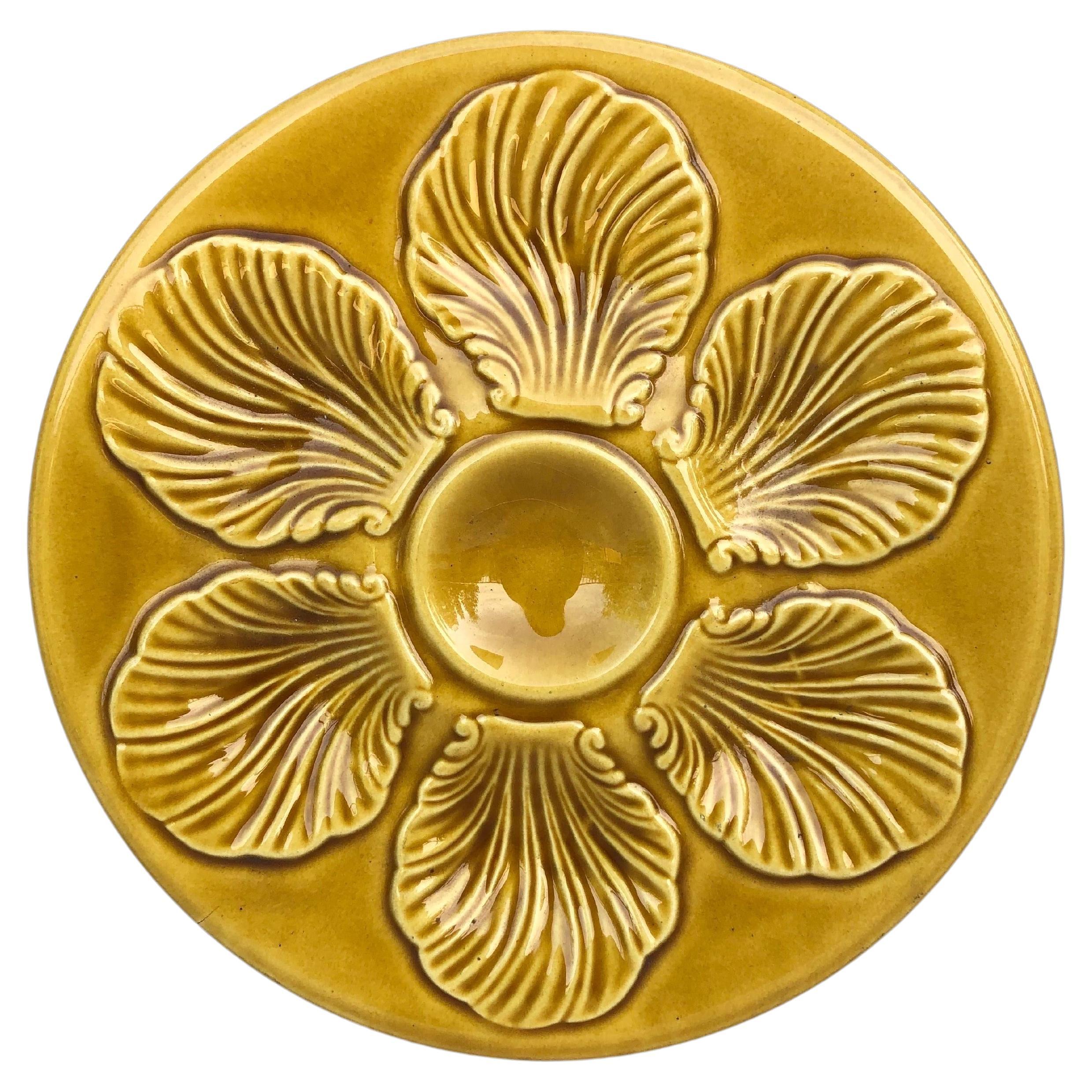 French Yellow Majolica Oyster Plate Proceram, circa 1950 For Sale