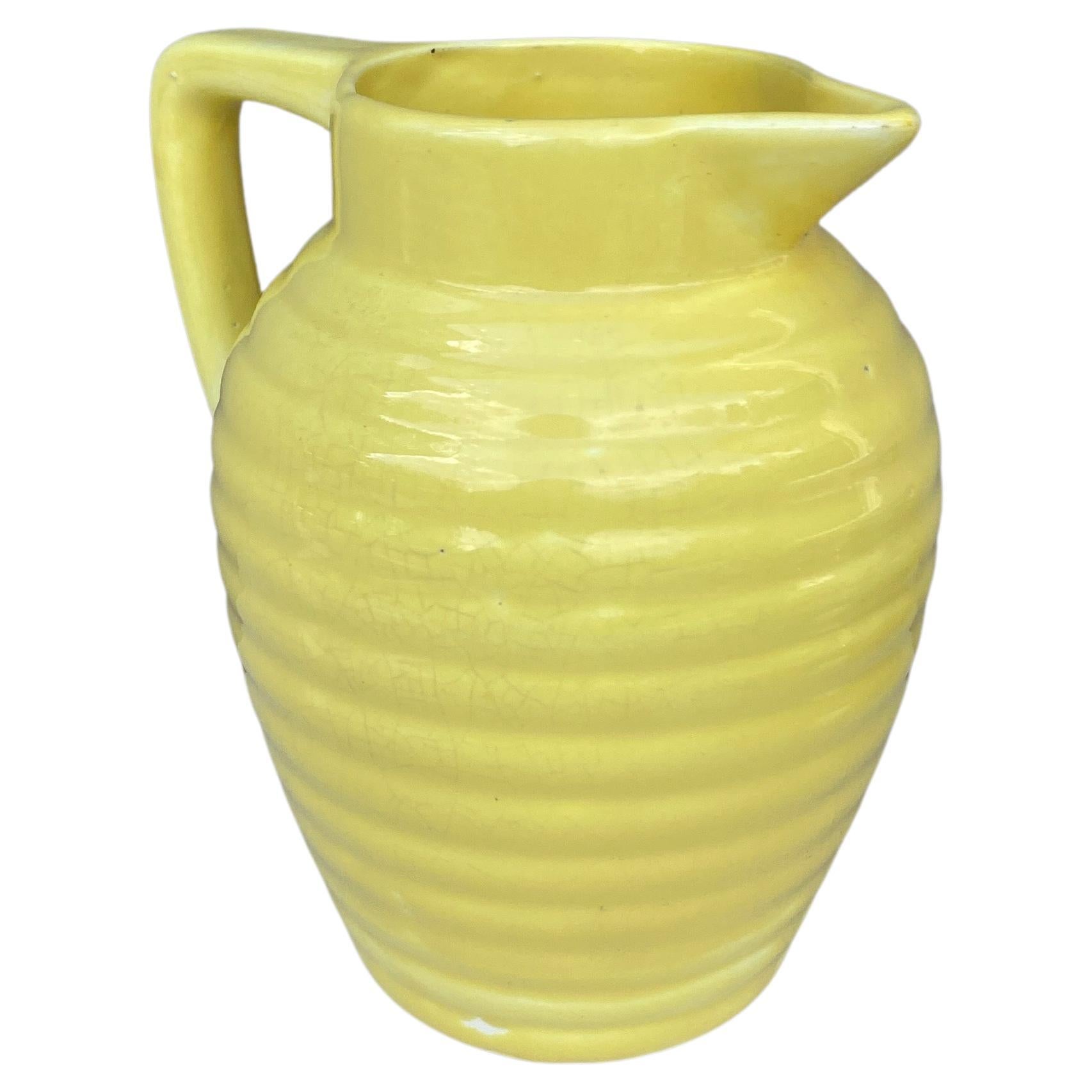 French Yellow Majolica Pitcher Onnaing, circa 1920 In Good Condition For Sale In Austin, TX