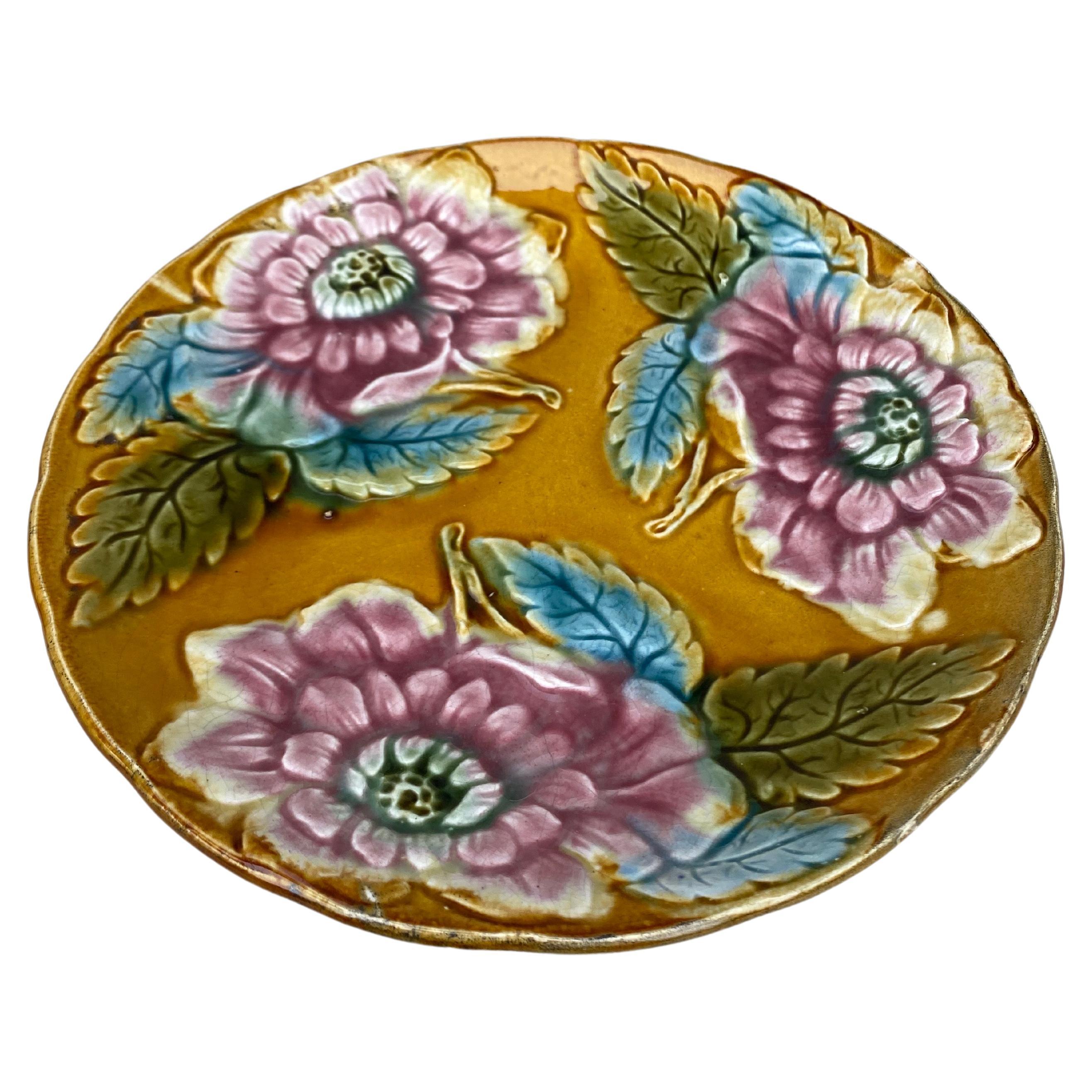 French Yellow Majolica Red Flowers Plate, circa 1890.