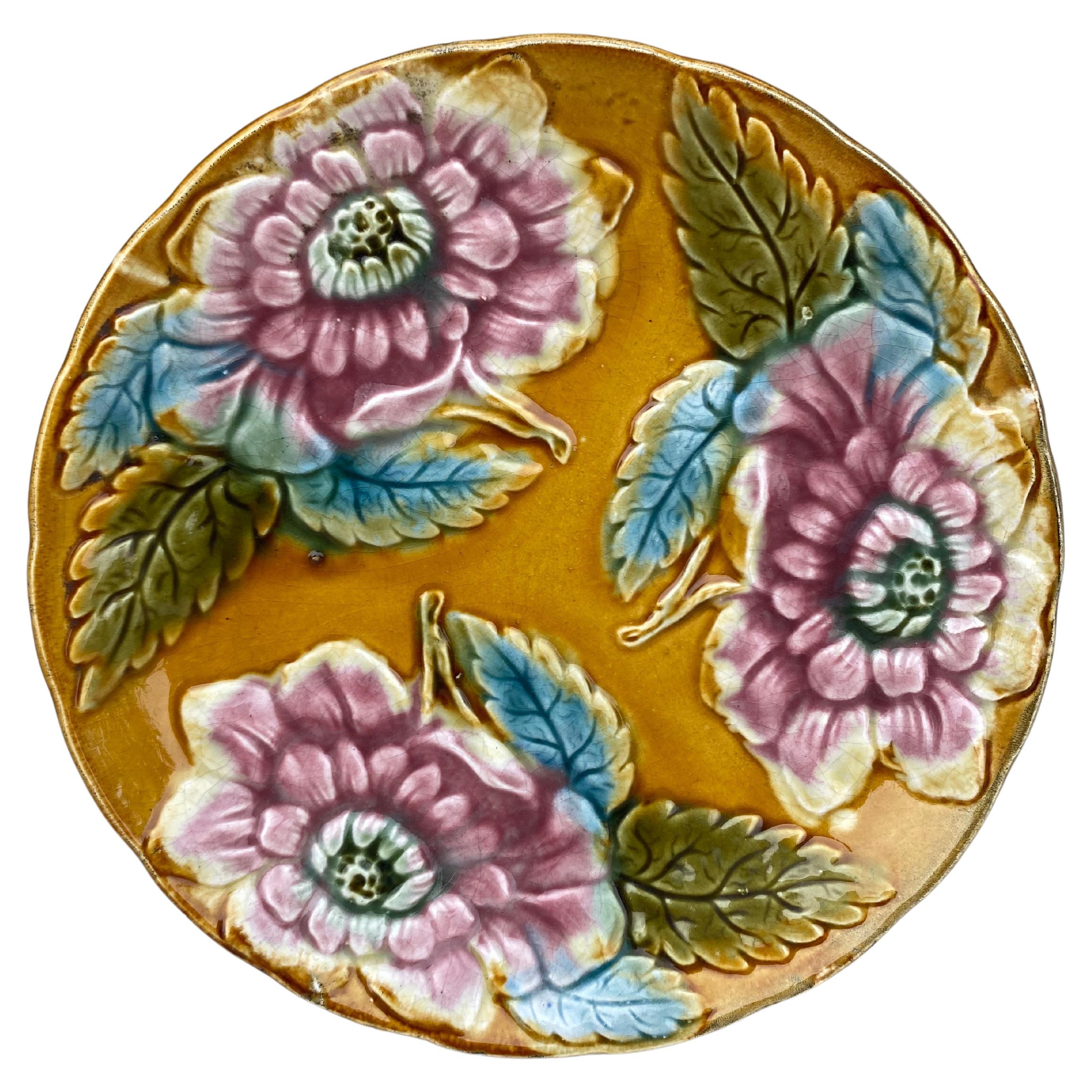French Yellow Majolica Red Flowers Plate, circa 1890