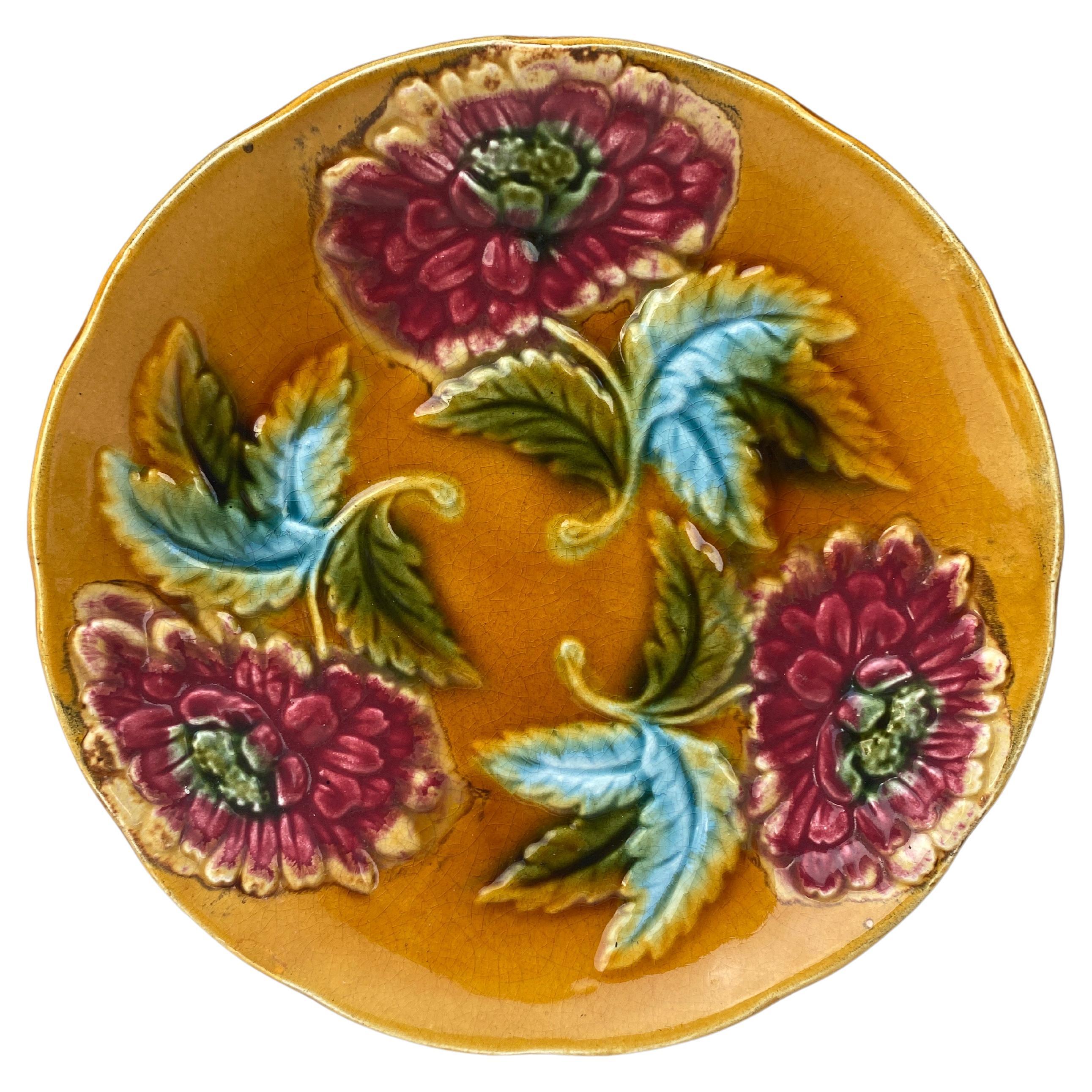 French Yellow Majolica Red Flowers Plate, circa 1890