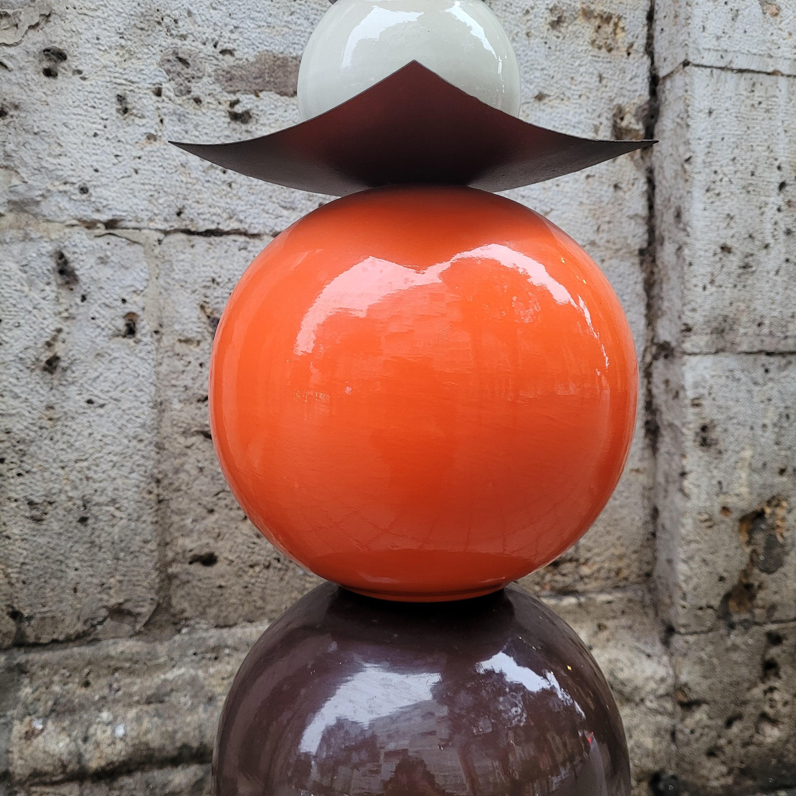 French yellow orange black floor lamp in glazed ceramic, After Chatain 5