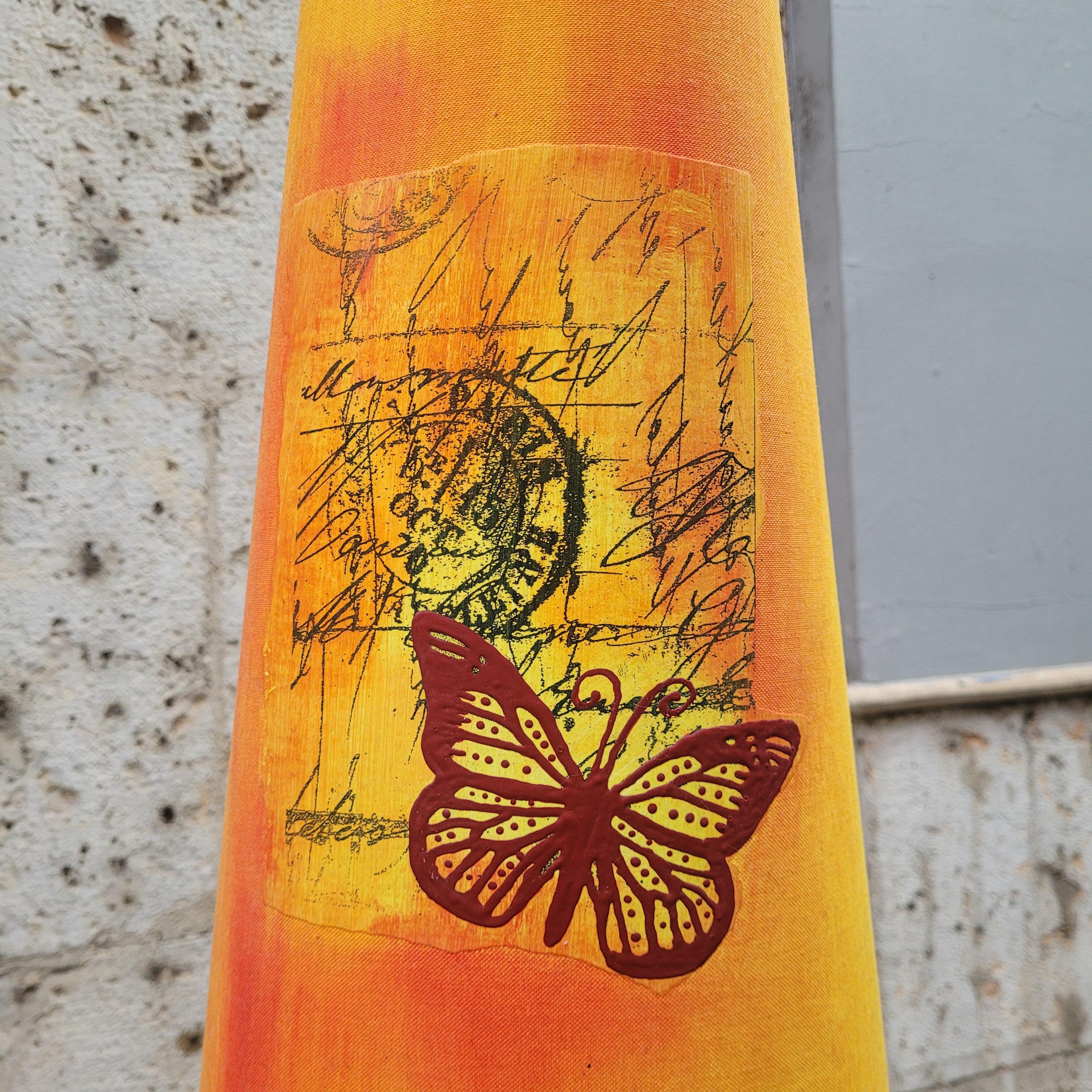 French yellow orange black floor lamp in glazed ceramic, After Chatain 7
