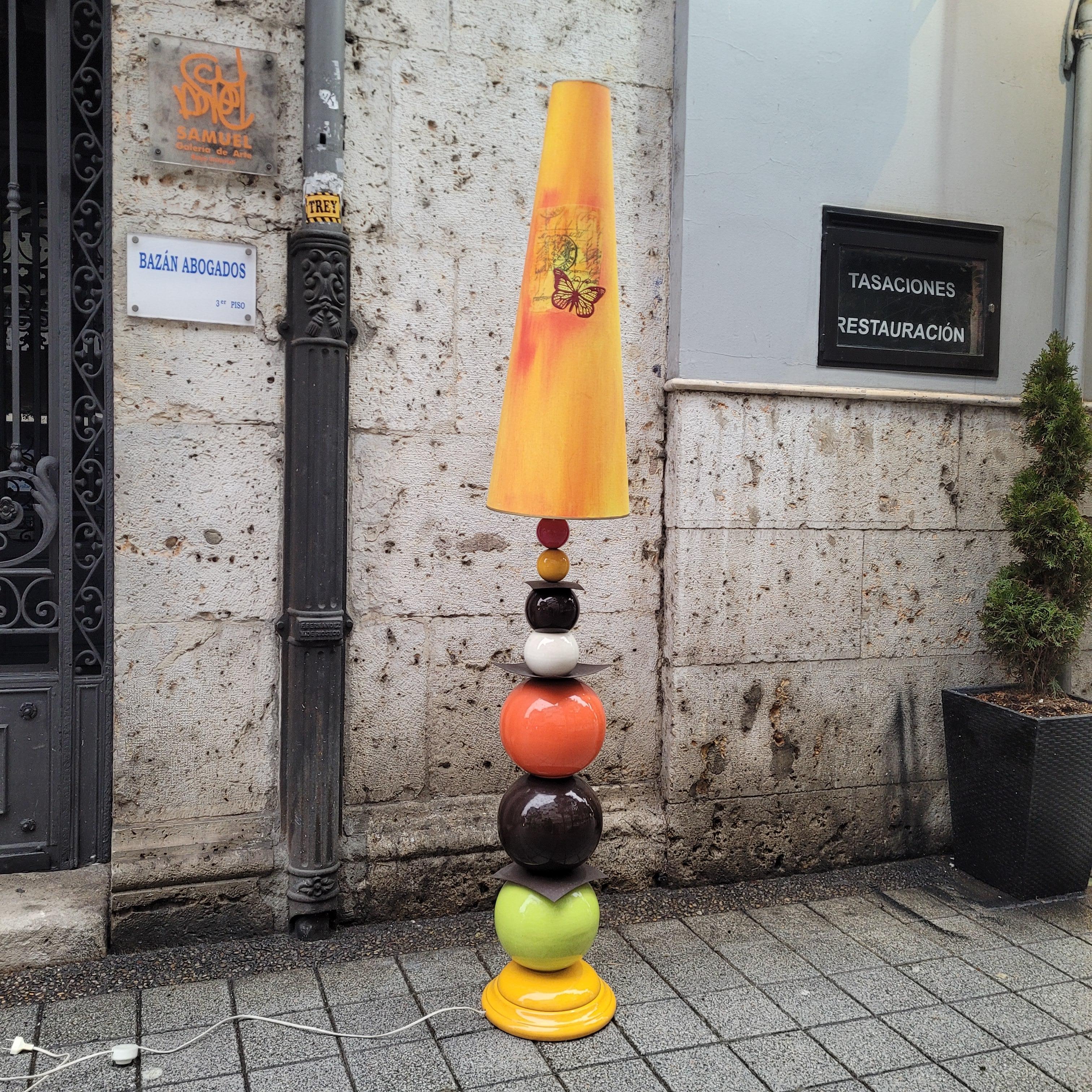 French yellow orange black floor lamp in glazed ceramic, After Chatain 9