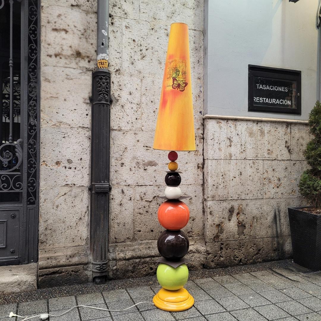 French yellow orange black floor lamp in glazed ceramic, After Chatain 11