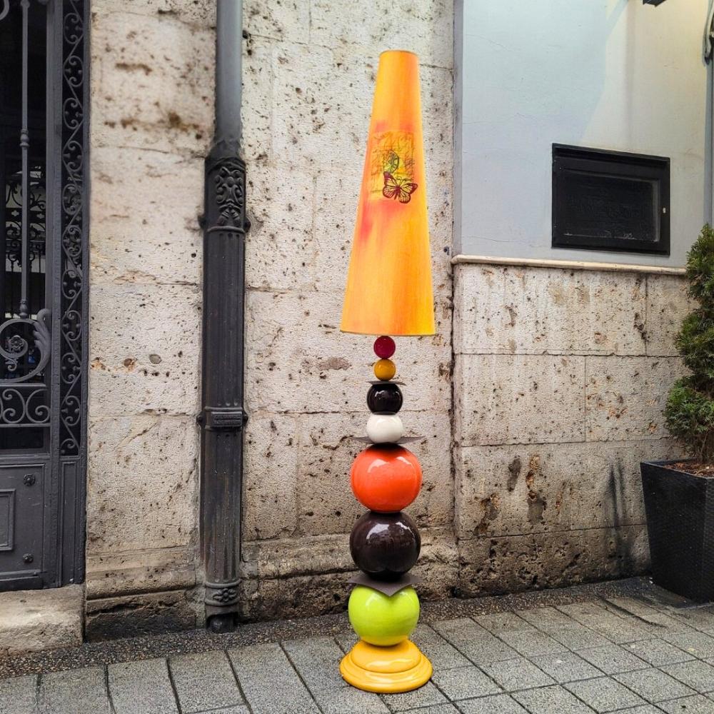 Hand-Crafted French yellow orange black floor lamp in glazed ceramic, After Chatain