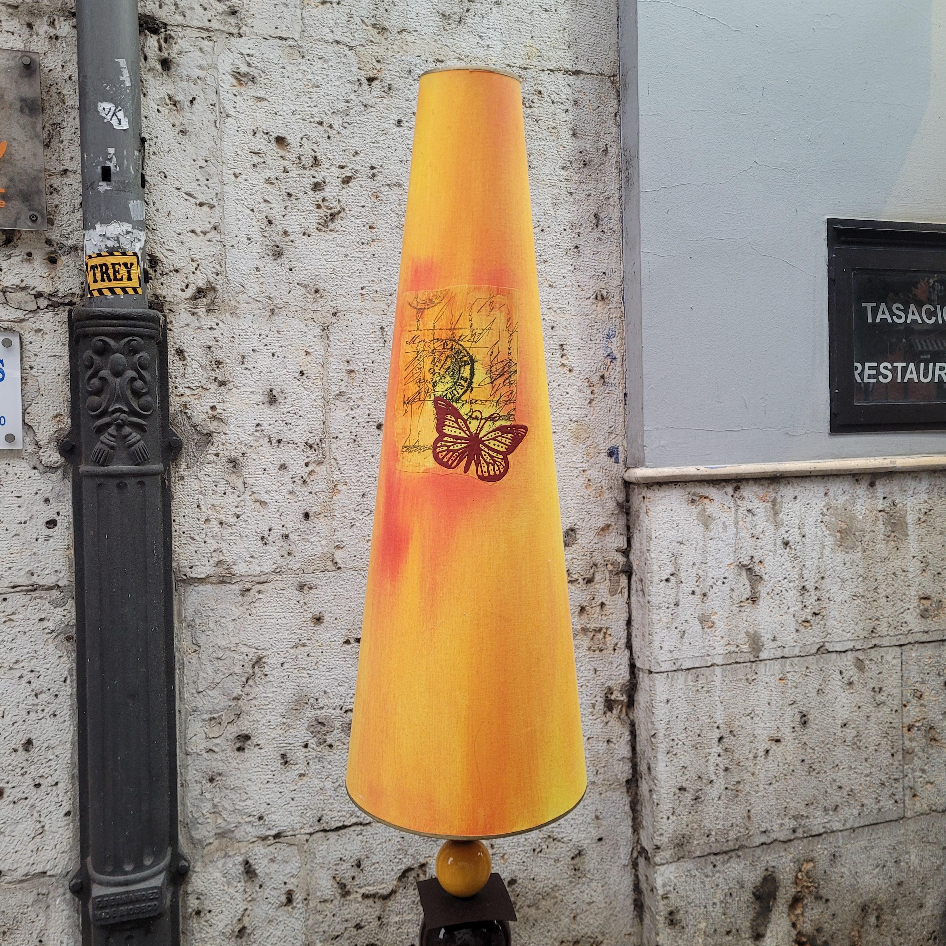 Metal French yellow orange black floor lamp in glazed ceramic, After Chatain