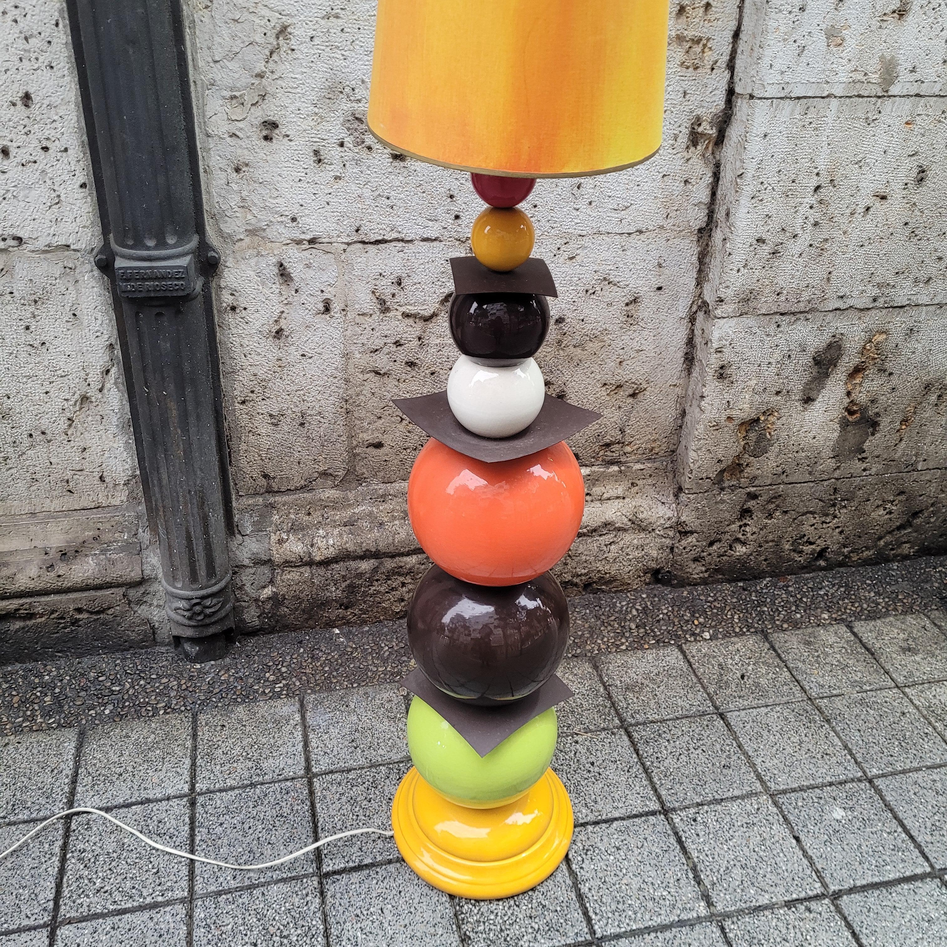 French yellow orange black floor lamp in glazed ceramic, After Chatain 2