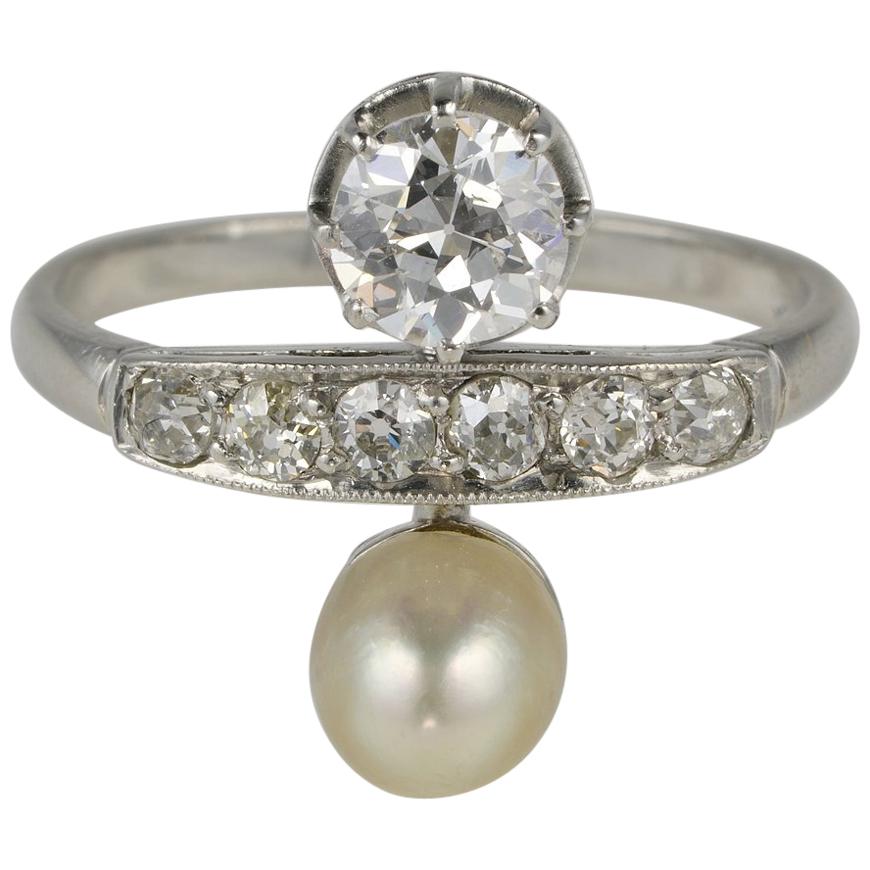 French You & Me Diamond Natural Pearl Platinum Ring For Sale