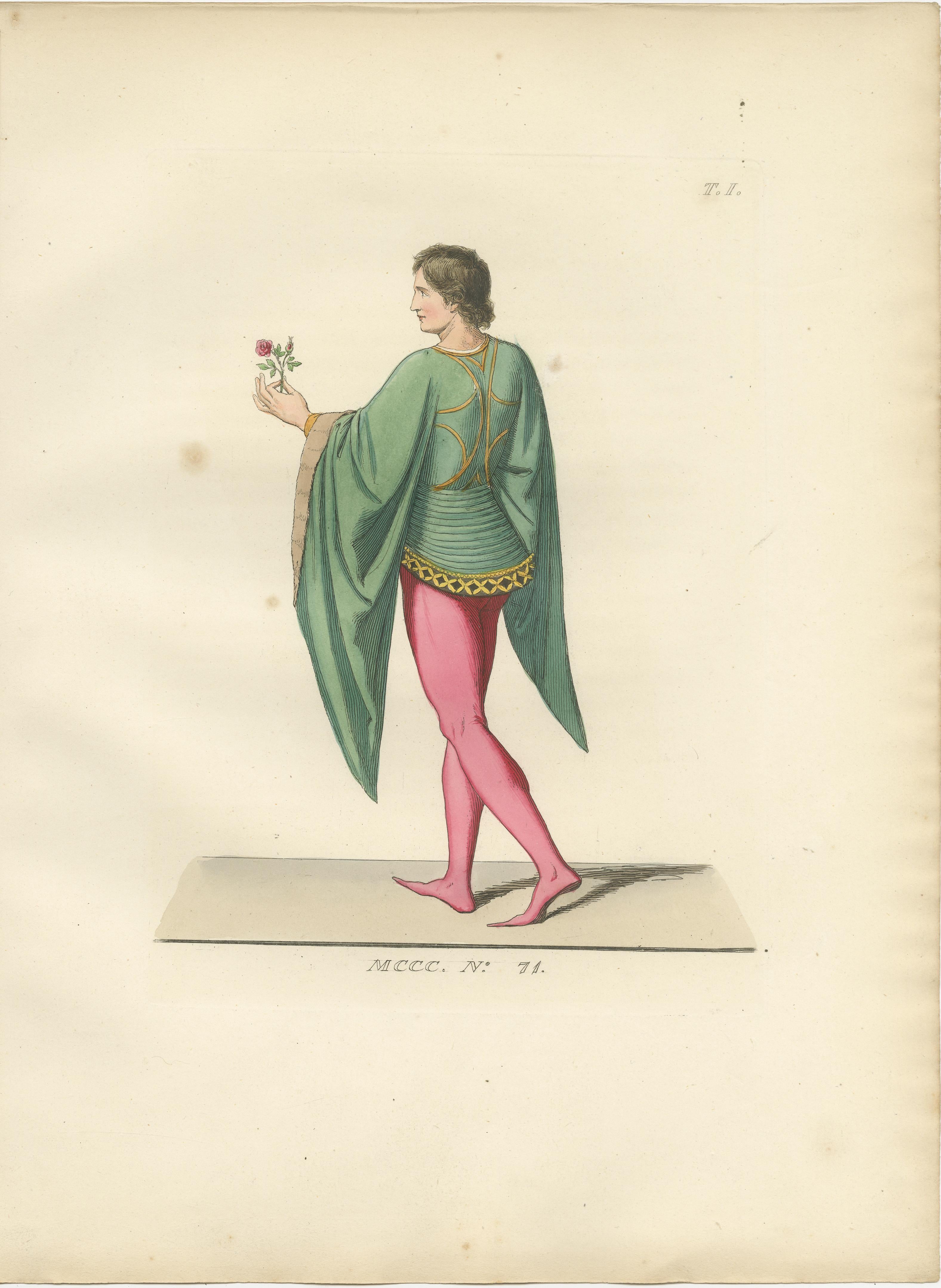 French Youth, Italian Nobleman, and Noblewoman in Renaissance Costume

This richly detailed set of three hand-colored prints offers a colorful glimpse into the elegant and expressive fashion of Renaissance Europe. Each figure—distinct in