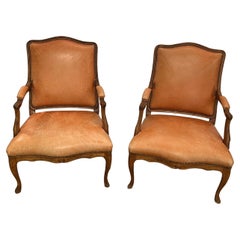 French Yummy Soft Leather Upholstered Carved Walnut Armchairs
