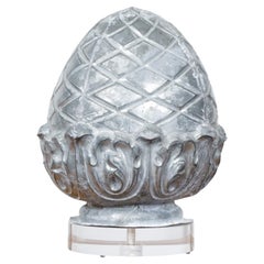 French Zinc Acorn Finial on Lucite Base, Antique Decorative Accent, Circa 1900