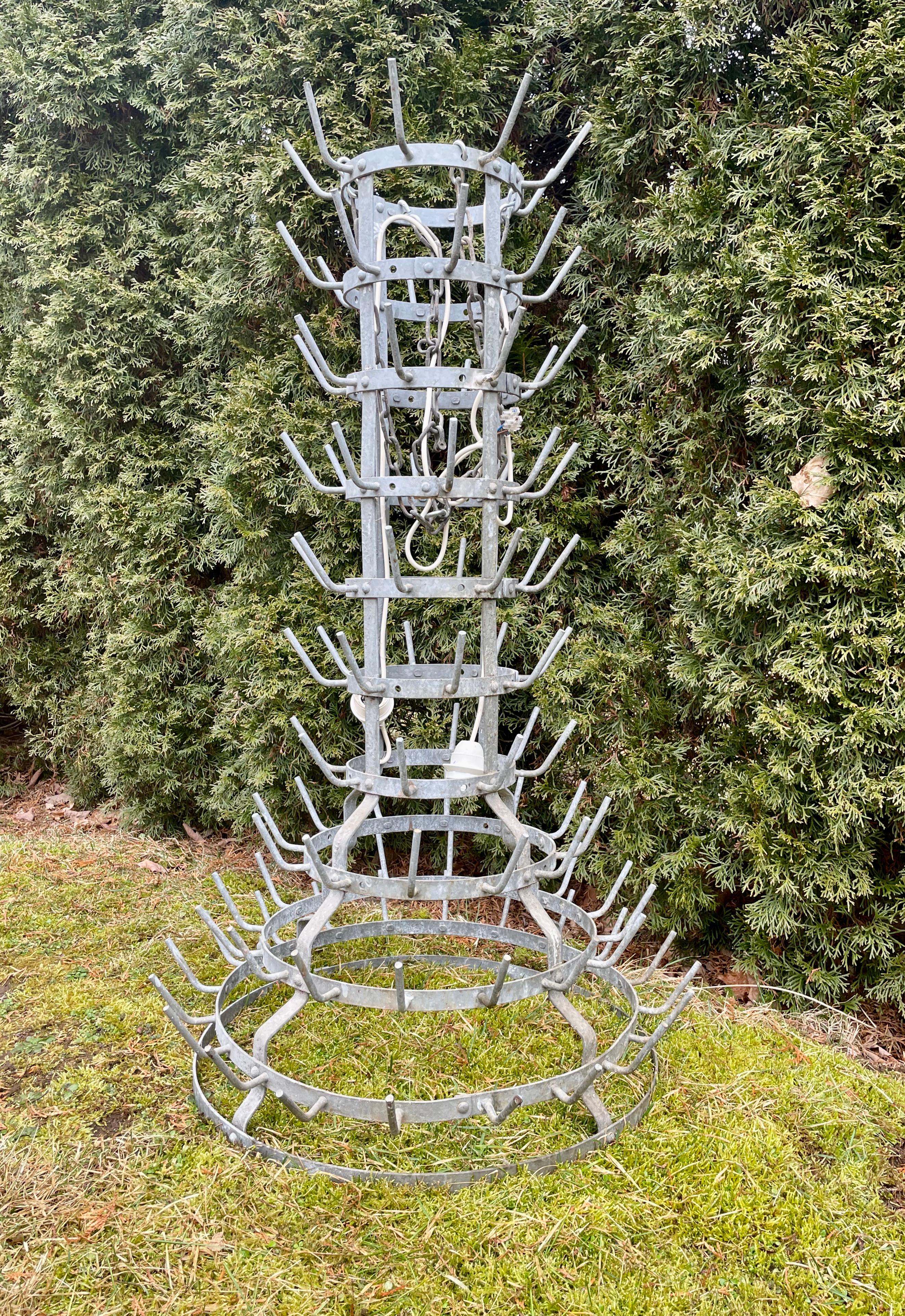 French Zinc Bottle Drying Rack with Prestigious French Wine Bottles In Good Condition For Sale In Woodbury, CT