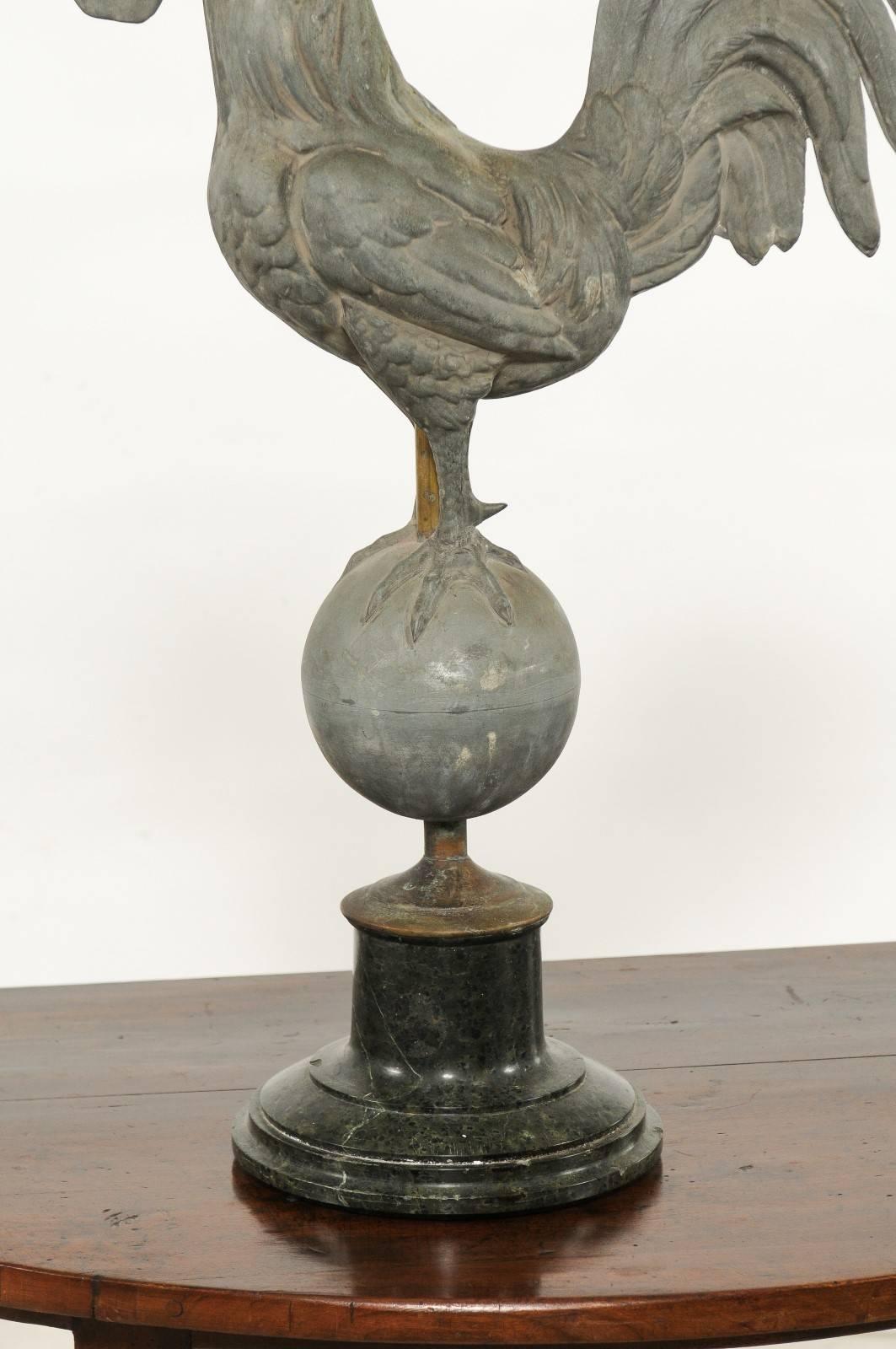 French Zinc Rooster Weathervane on Black Marble Base from the Early 20th Century 1