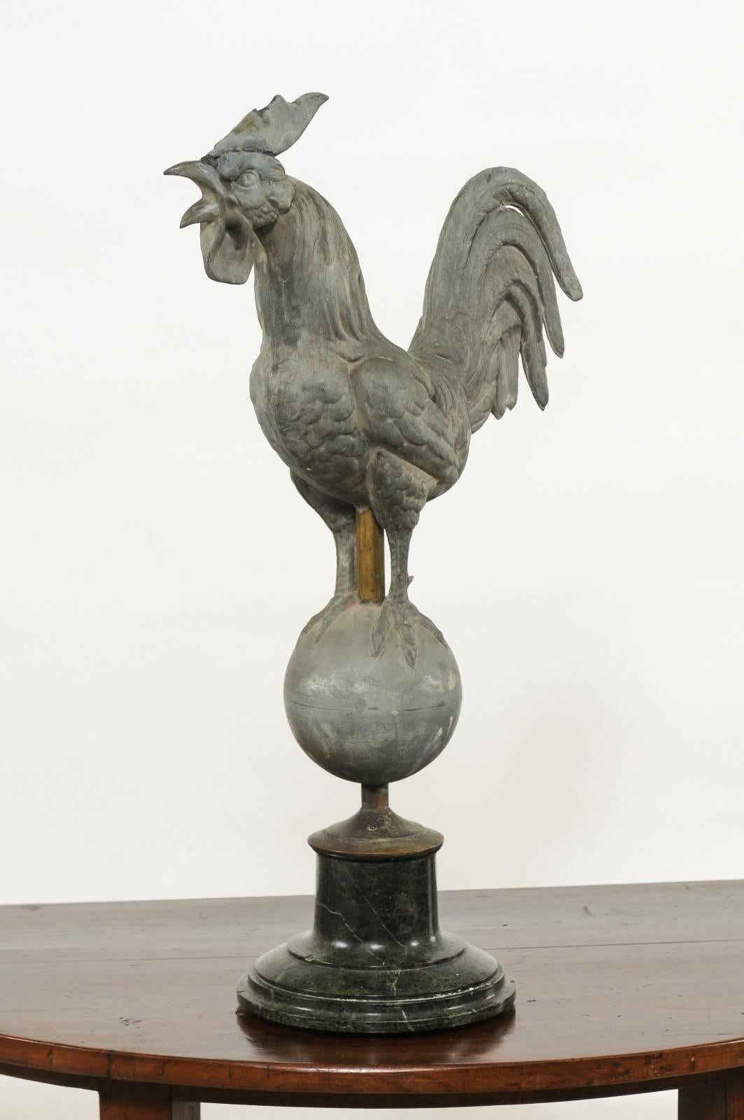 French Zinc Rooster Weathervane on Black Marble Base from the Early 20th Century 2