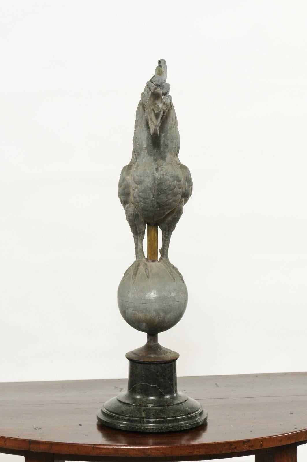 French Zinc Rooster Weathervane on Black Marble Base from the Early 20th Century 3