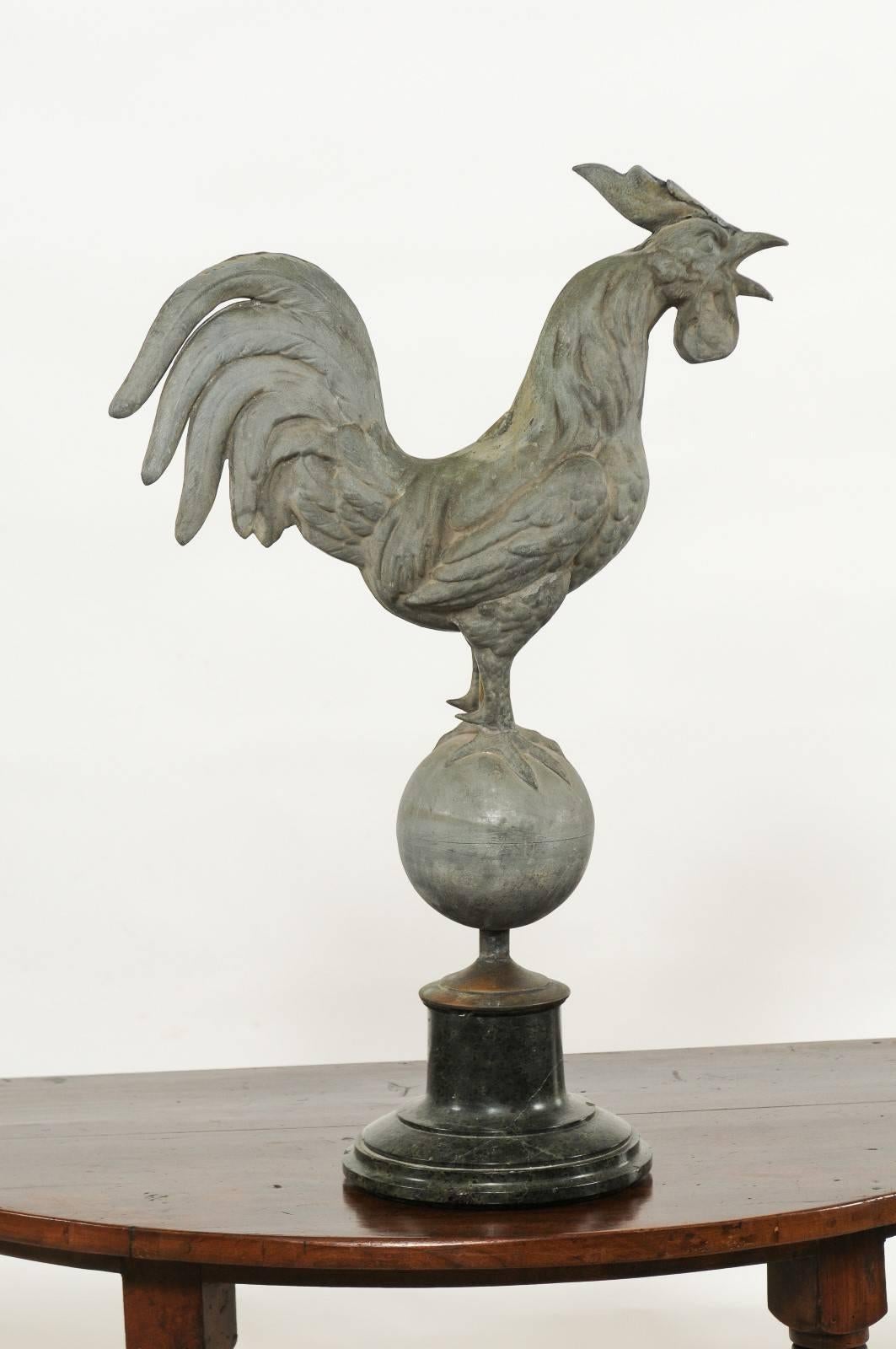 French Zinc Rooster Weathervane on Black Marble Base from the Early 20th Century 4