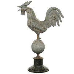 Antique French Zinc Rooster Weathervane on Black Marble Base from the Early 20th Century