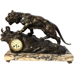 Antique French Zinc Tiger Challenging a Rattlesnake on Marble Base Mantle Clock Signed