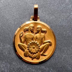French Zodiac Gemini Starsign 18K Yellow Gold Charm Pendant