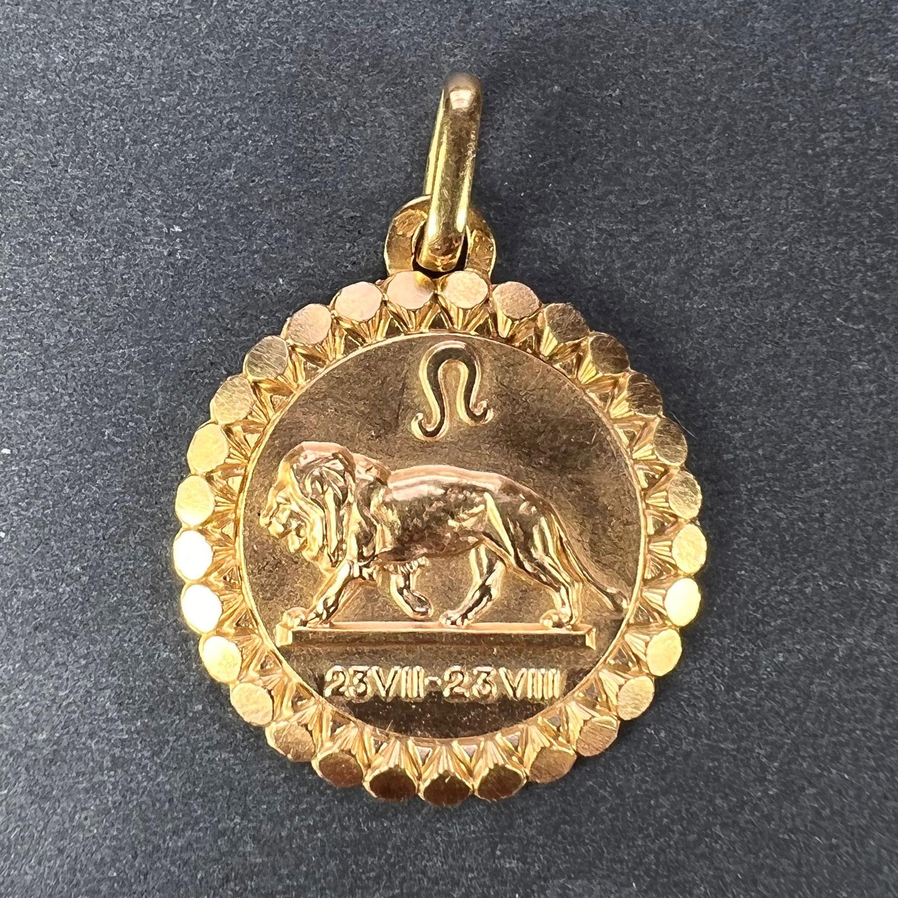 An 18 karat (18K) yellow gold charm pendant designed as the Zodiac sign of Leo, depicting a lion with the dates 23 VII (July) and 23 VIII (August). Stamped with the eagle mark for 18 karat gold and French manufacture with makers mark for Perroud.

