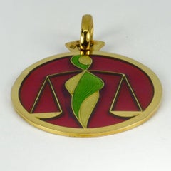 French Zodiac Libra Plique A Jour Enamel 18K Yellow Gold Charm Pendant