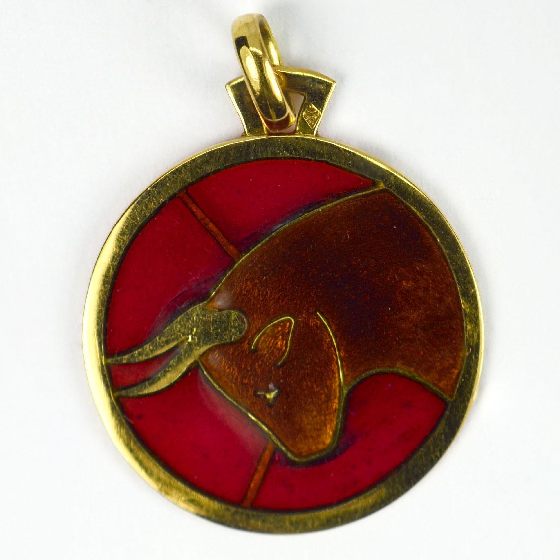 Art Deco French Zodiac Taurus Plique A Jour Enamel 18K Yellow Gold Charm Pendant