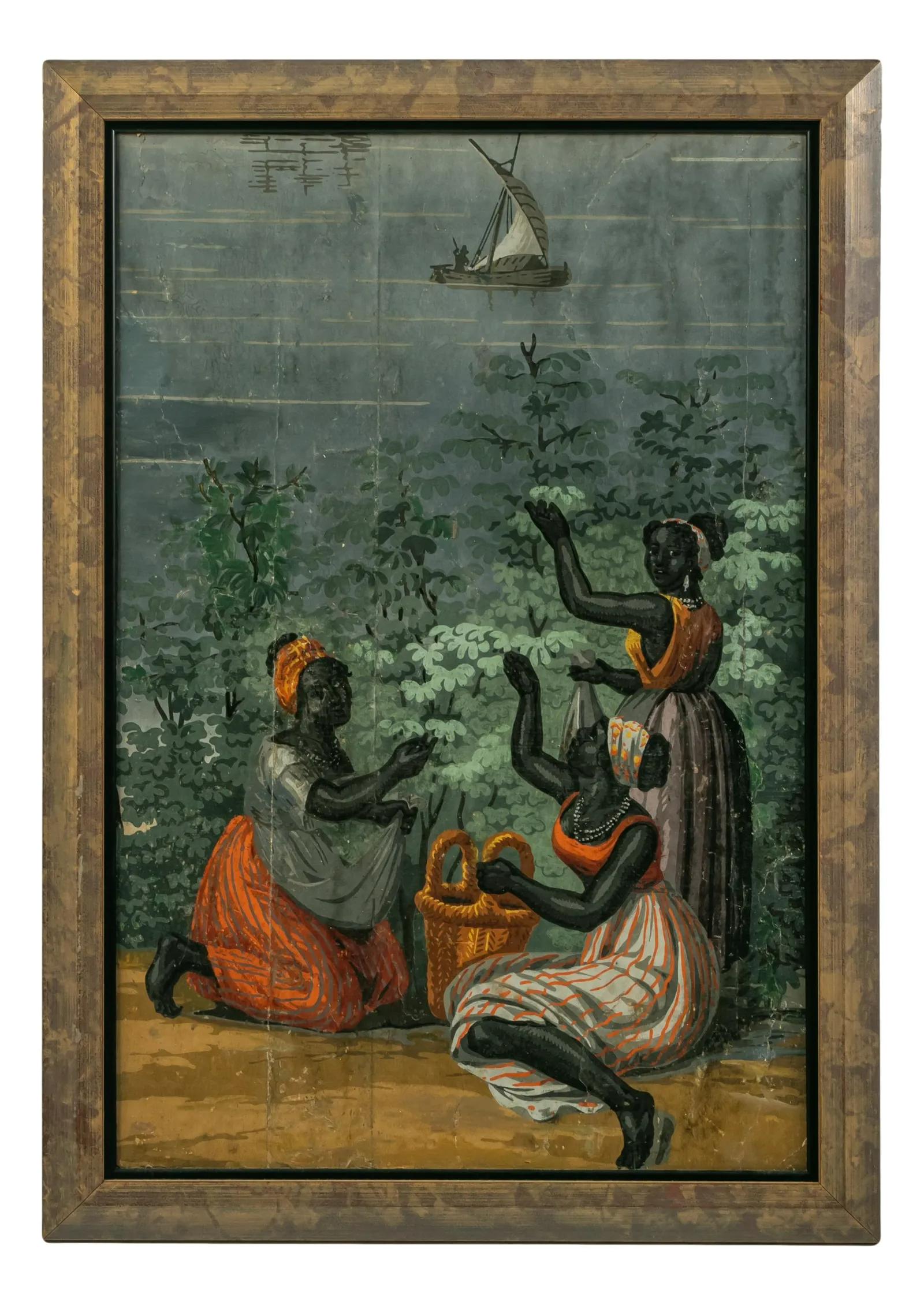 A charming and early wallpaper scene of Nubian women collecting fruit in baskets, likely Zuber, late 18th century, printed and hand colored, now framed an mounted to artist board.