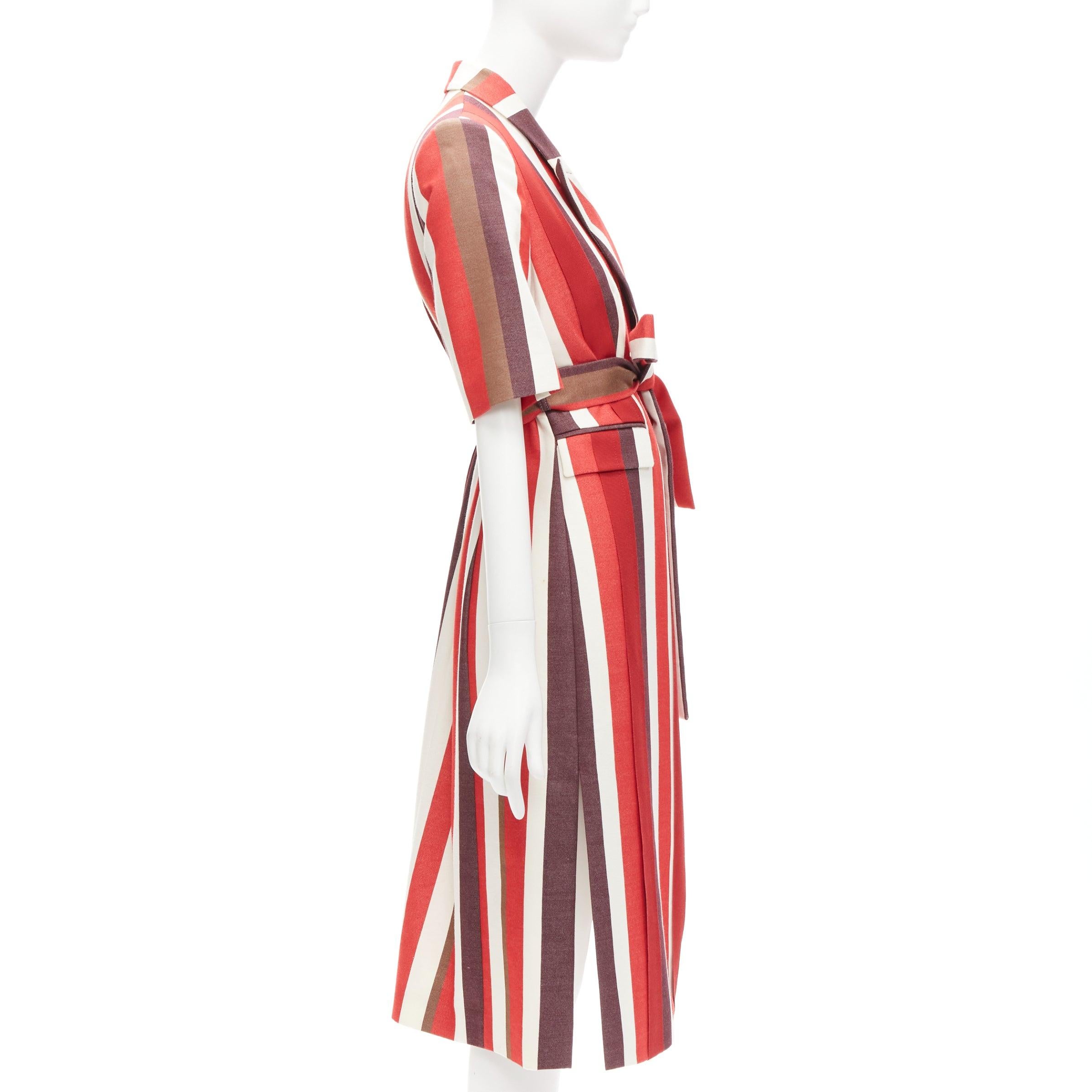 Red FRENKEN red bold graphic stripes cotton tie belt long coat IT34 XXS For Sale
