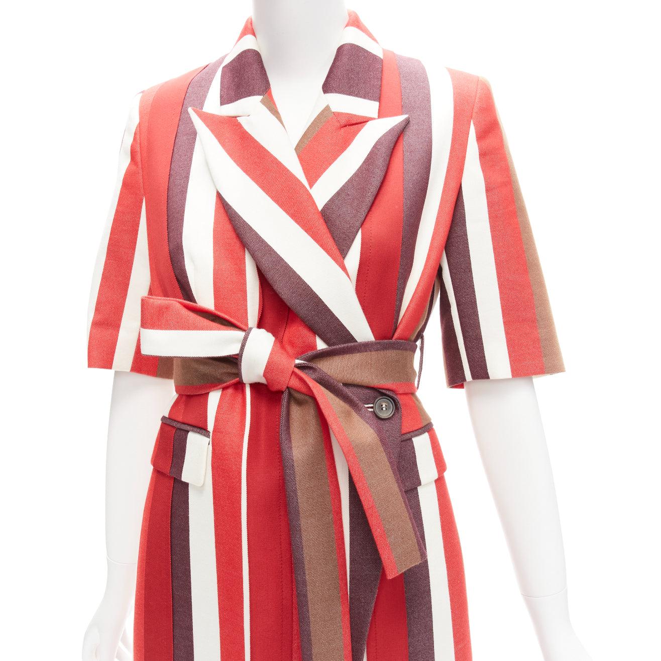 FRENKEN red bold graphic stripes cotton tie belt long coat IT34 XXS For Sale 1