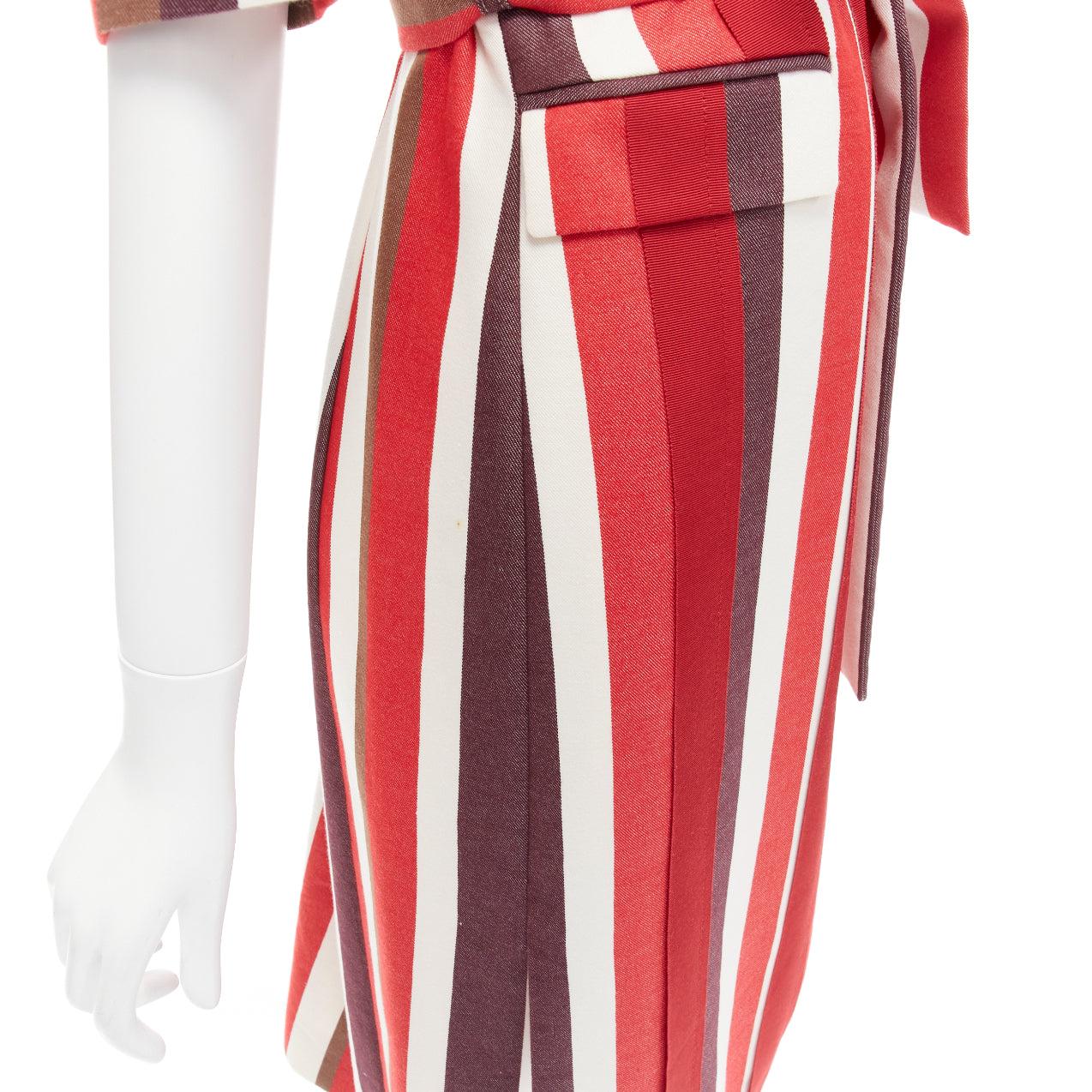 FRENKEN red bold graphic stripes cotton tie belt long coat IT34 XXS For Sale 2