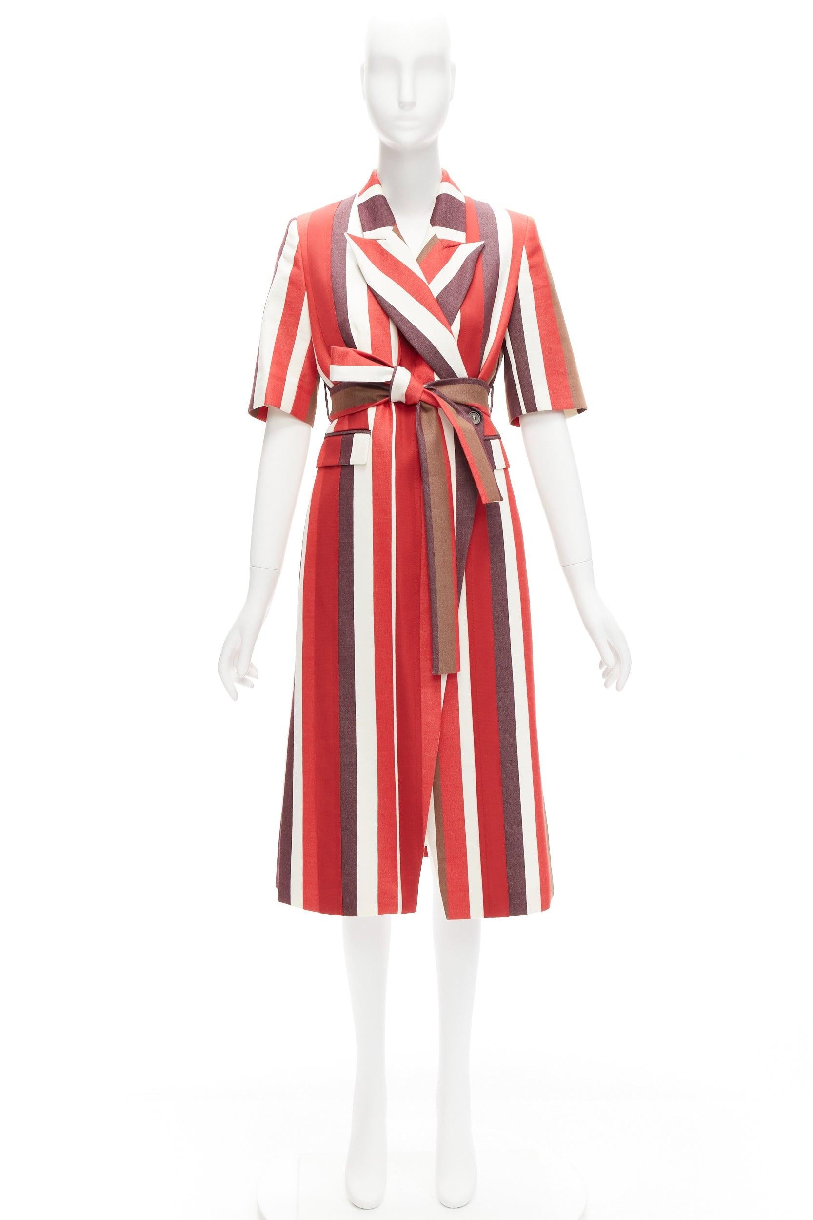 FRENKEN red bold graphic stripes cotton tie belt long coat IT34 XXS For Sale 4