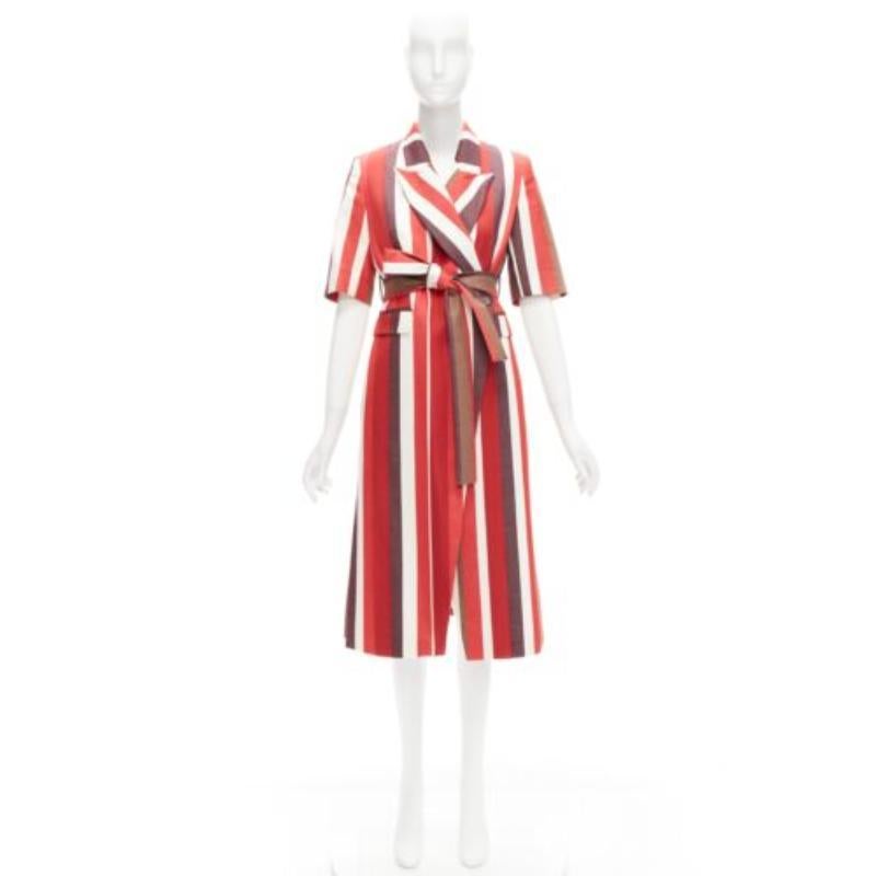 FRENKEN rosso a righe grafiche in cotone con cintura a cravatta Cappotto lungo IT34 XXS in vendita 4