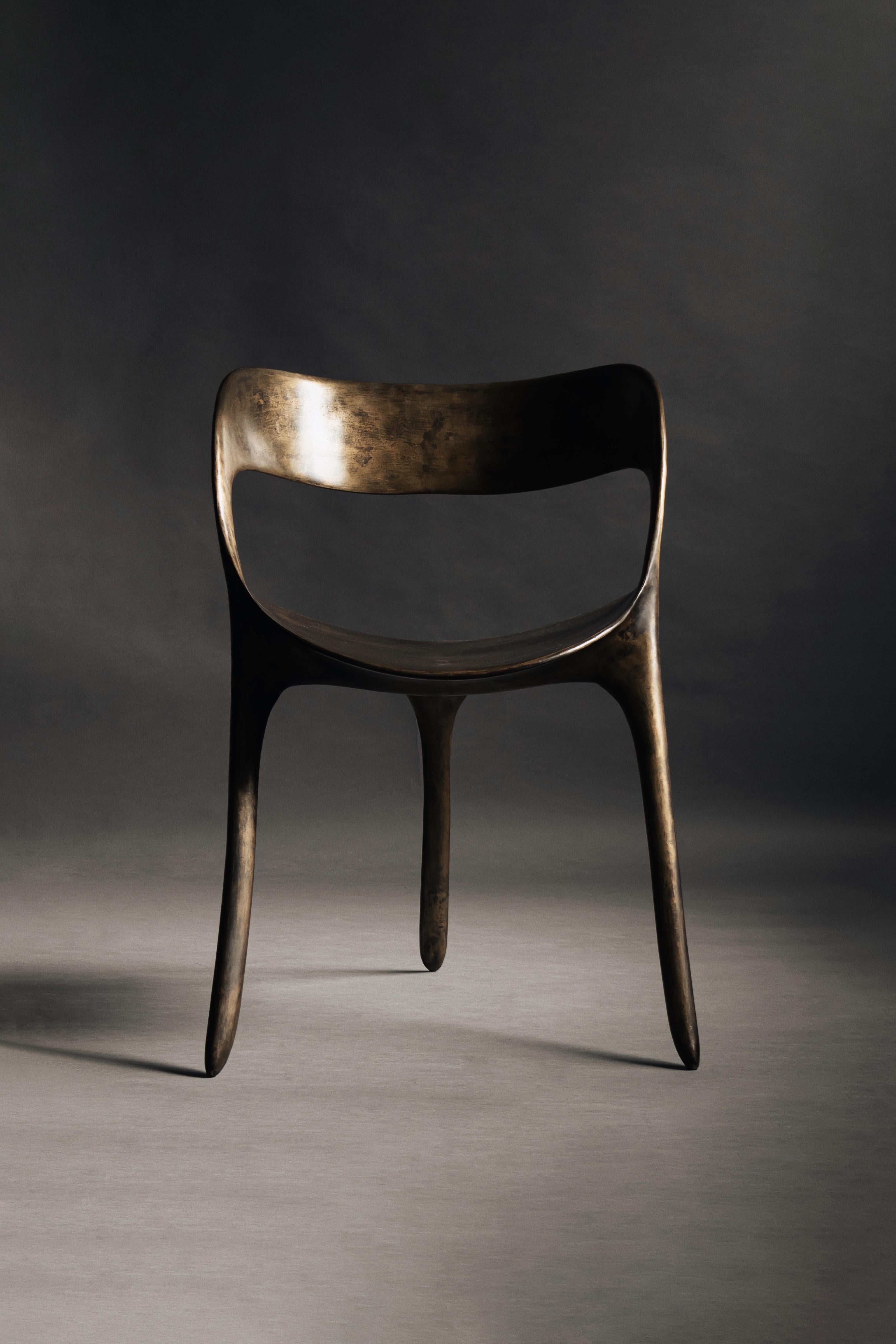 Frequency Chair by Sebastián Angeles
Material: Bronze, Silver Patina
Dimensions: W55 x D53 x H76 cm
Weight: 28 kg
Available in other finish.

The collection includes designs inspired by patterns that represent different sound frequencies and their