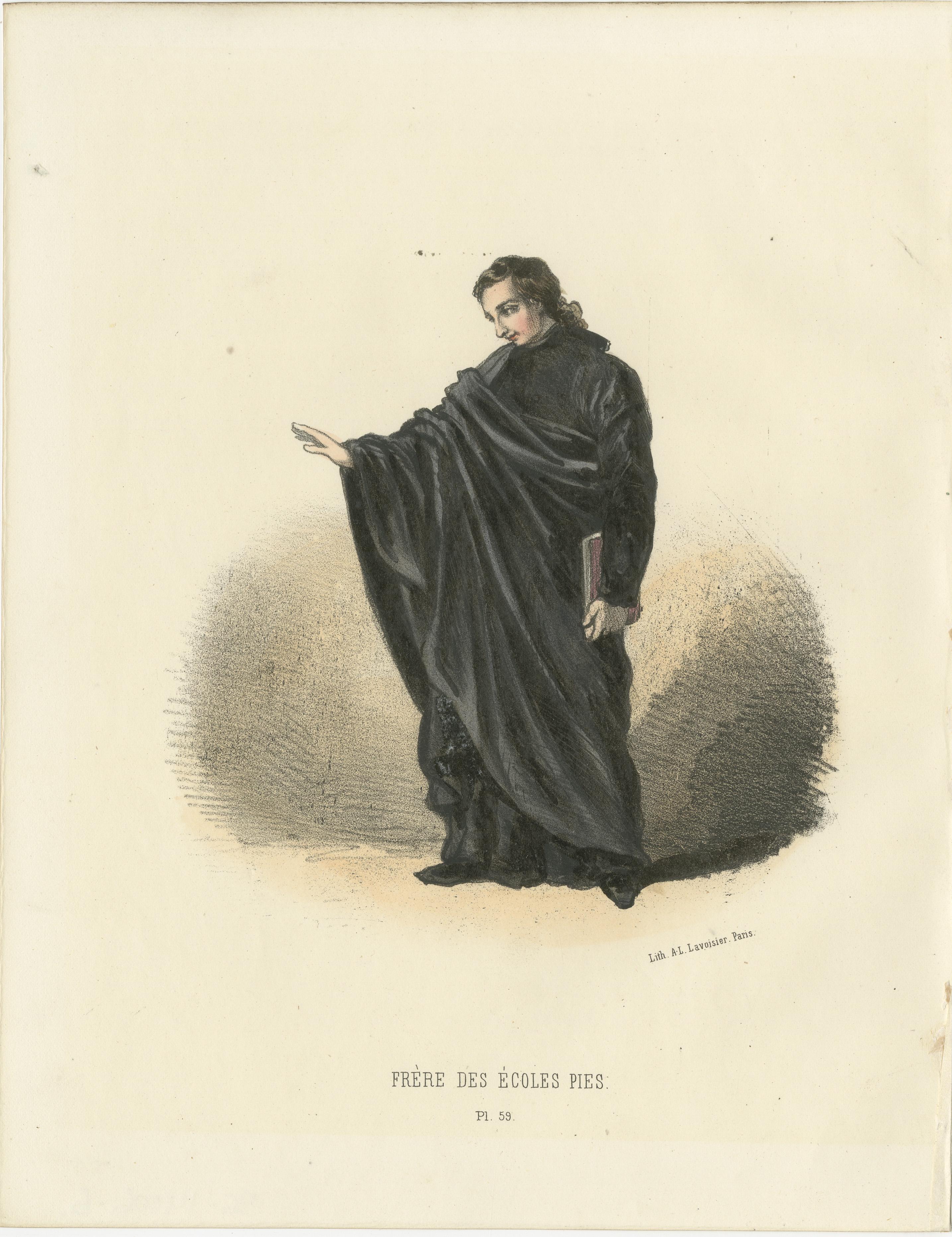 Frère des Écoles Pies - 1862 Handkolorierte Lithographie eines Piaristenbruders  
 
Diese handkolorierte Lithografie von 1862 zeigt einen Frère des Écoles Pies oder Piaristenbruder, ein Mitglied des Ordens der frommen Schulen, der sich der Bildung