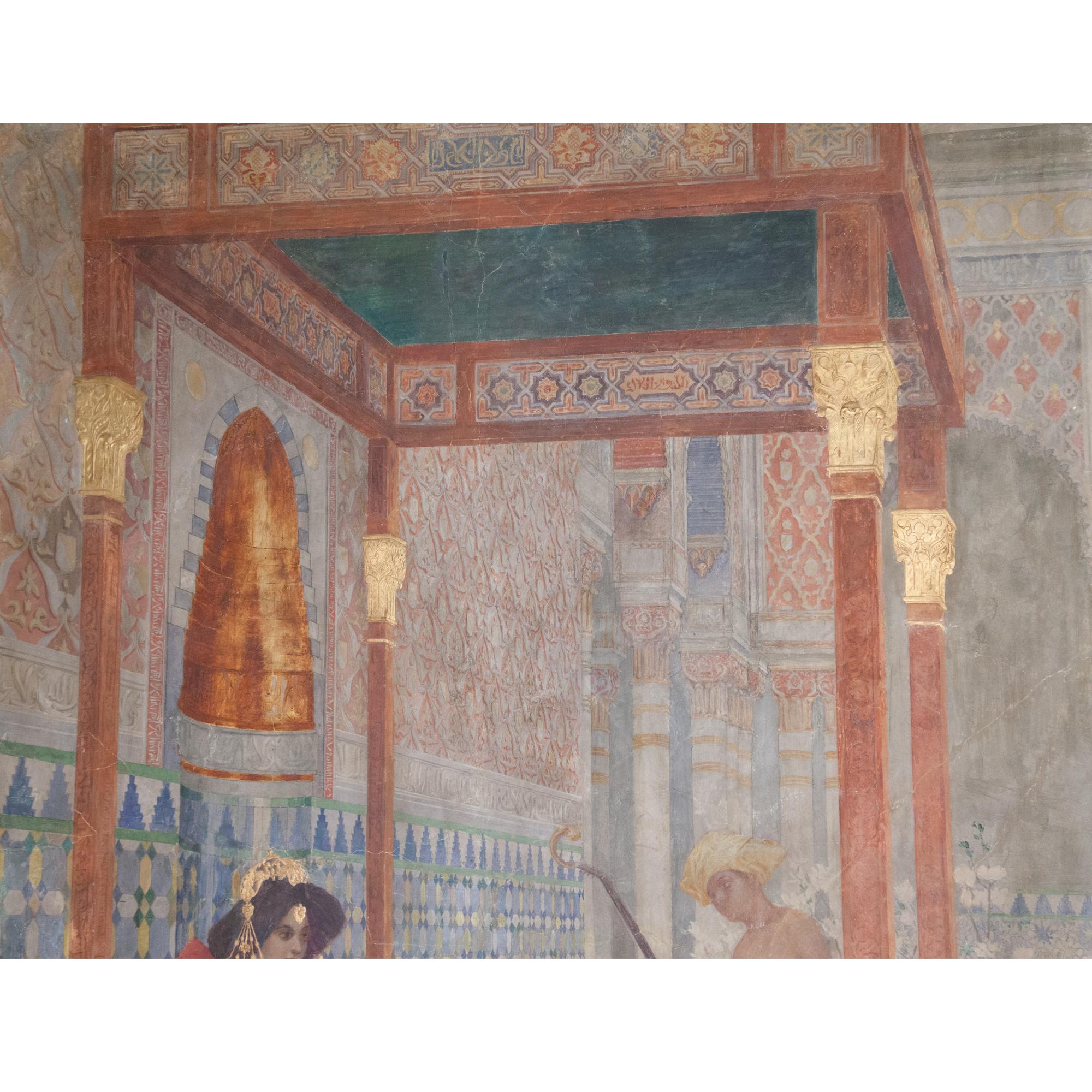 Very large rectangular fresco depicting a reclining beauty in an oriental architectural setting, dressed only in lavish gold jewelry and a silk skirt. A musician stands in the background. The capitals as well as the gold jewelry are in relief and