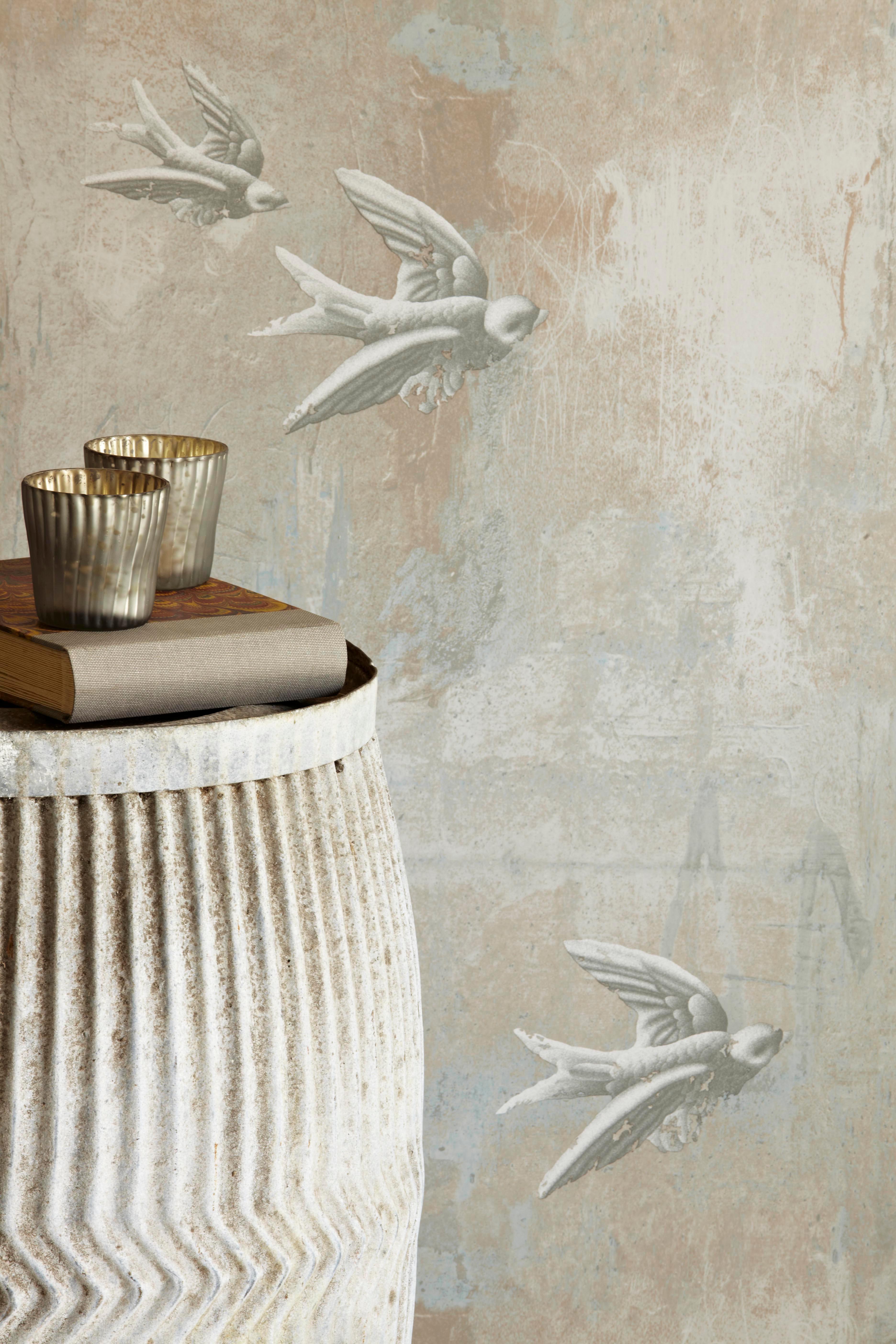 British 'Fresco Birds' Contemporary, Traditional Wallpaper in Natural For Sale