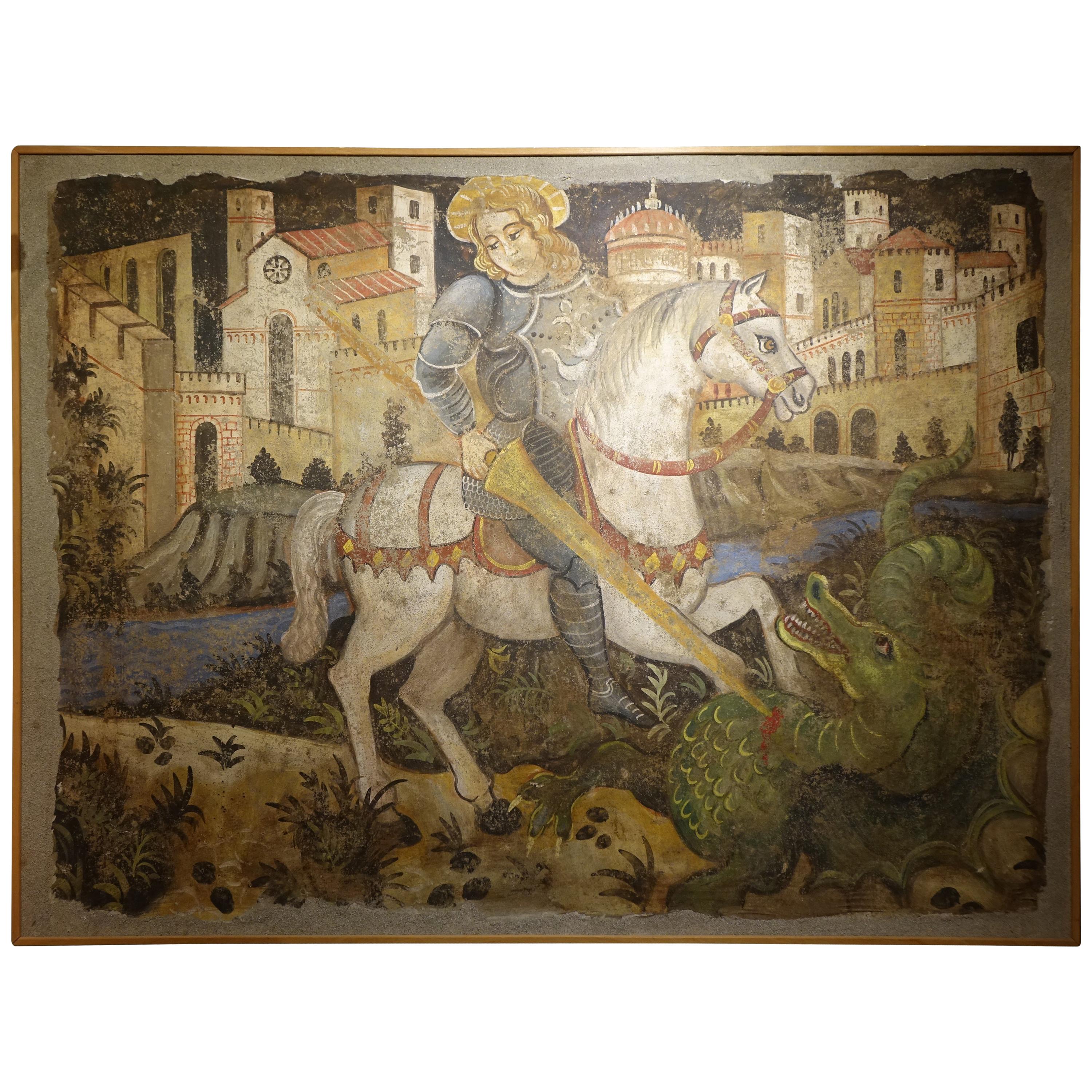 Fresco 'Strappo' Saint Georges Slaying the Dragon, Italy, circa 1500 For Sale