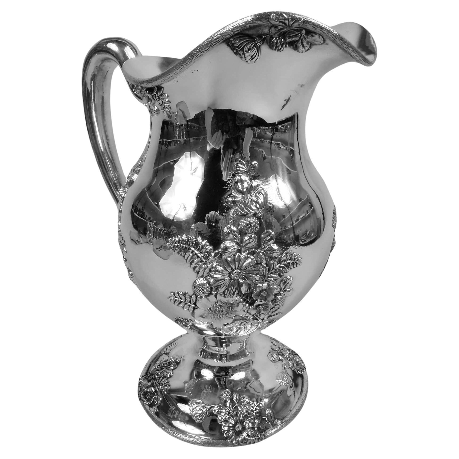 Fresh and Pretty American Art Nouveau Sterling Silver Water Pitcher For Sale