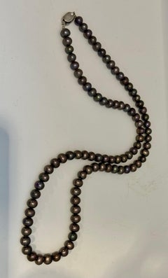 Fresh Black Water Round Pearl Single Strand Necklace, Opera Length, Silver Clasp