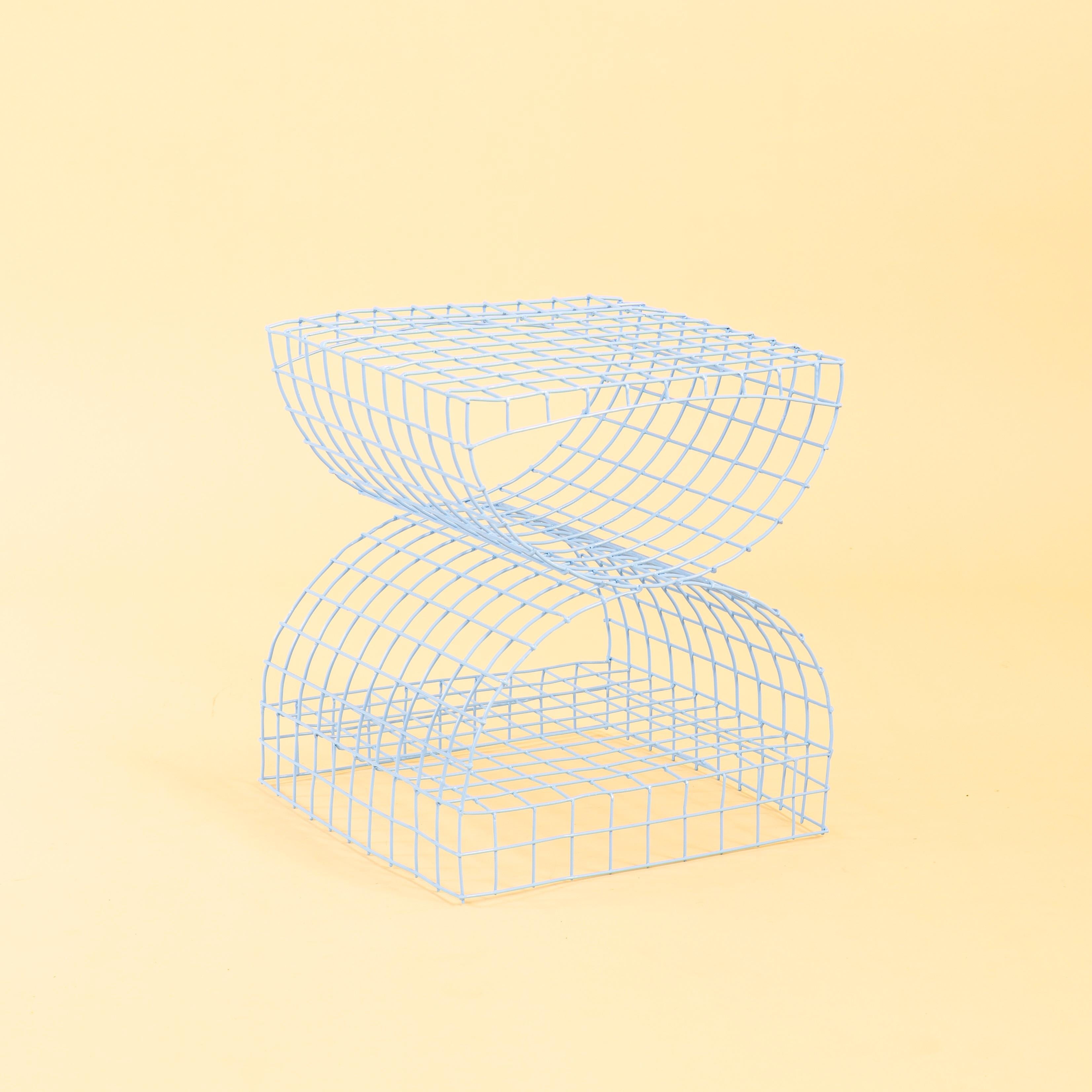 Fresh Catch I Table by Lauren Goodman
Dimensions: D 38 x W 38 x H 43.2 cm. 
Materials: Powder-coated salvaged lobster trap.

Available in Troll Blue, Cocoon Green, Vermillion, and Wine Red.

The Fresh Catch Family is conceived from derelict lobster
