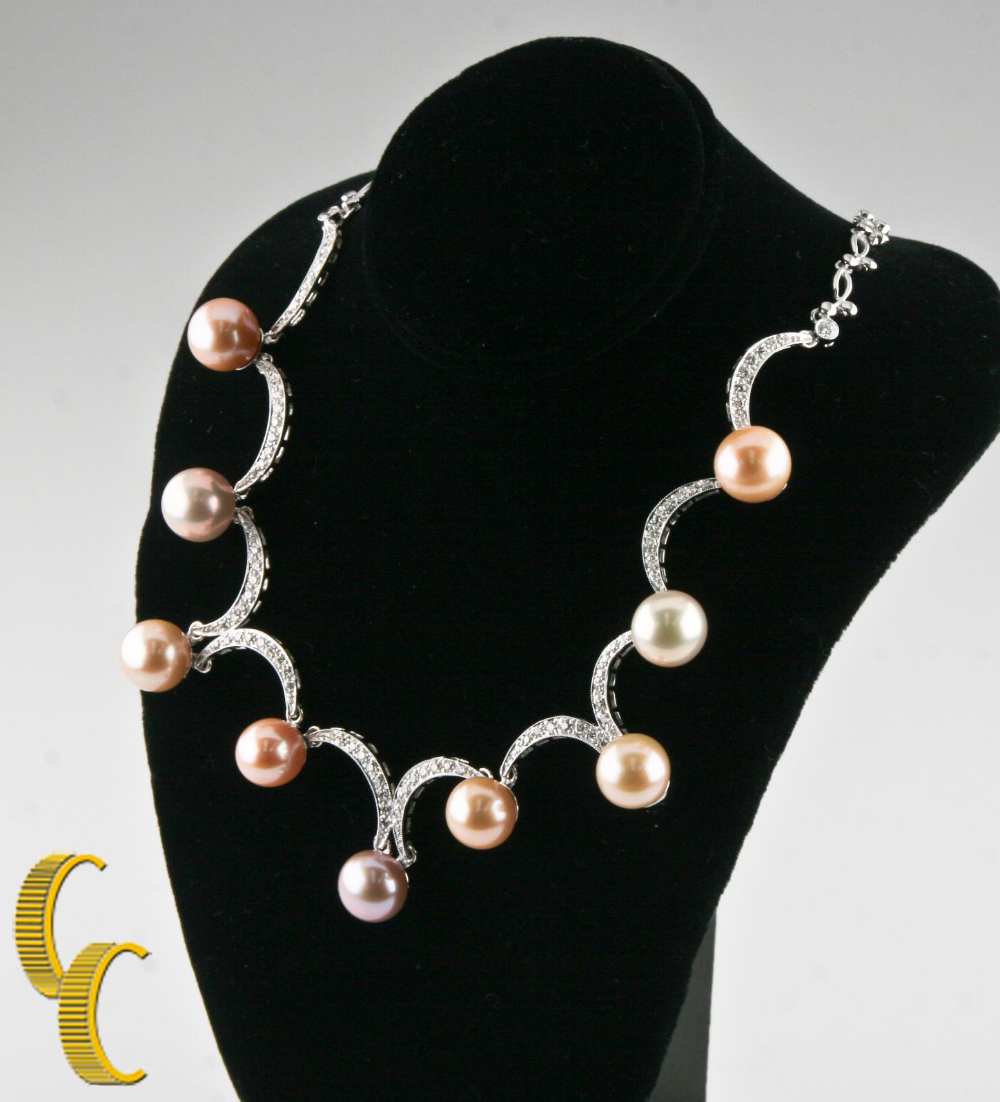 One electronically tested 18KT white gold ladies cast & assembled freshwater cultured pearl and diamond necklace.
Condition is good.
Ladies 18KT White Gold Multi-Color Freshwater Cultured Pearl and Diamond Necklace
The sixteen inch length necklace
