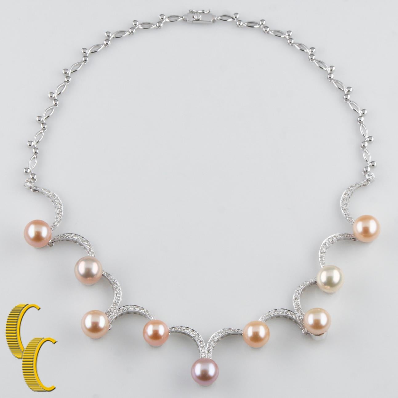 Süße Zuchtperle & Diamant 18k Weißgold Damen gegossen & zusammengesetzte Halskette (Rundschliff) im Angebot
