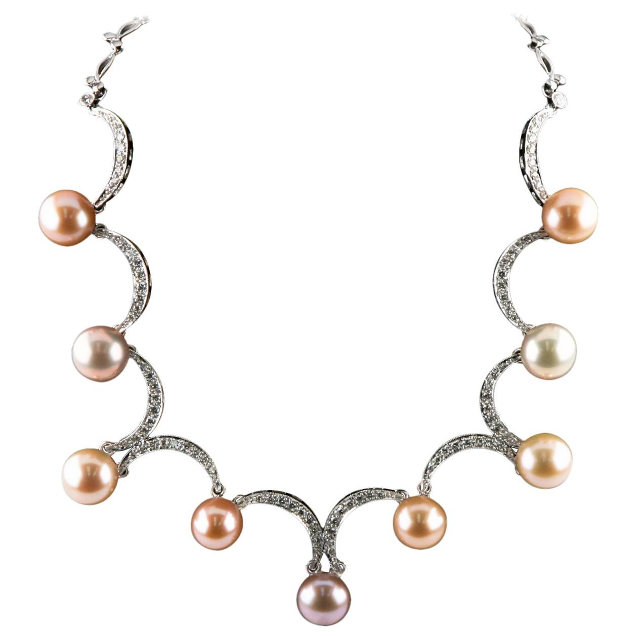 Fresh Cultured Pearl & Diamond 18k White Gold Ladies Cast & Assembled Necklace For Sale