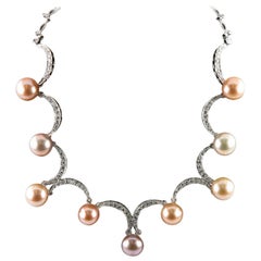 Fresh Cultured Pearl & Diamond 18k White Gold Ladies Cast & Assembled Necklace